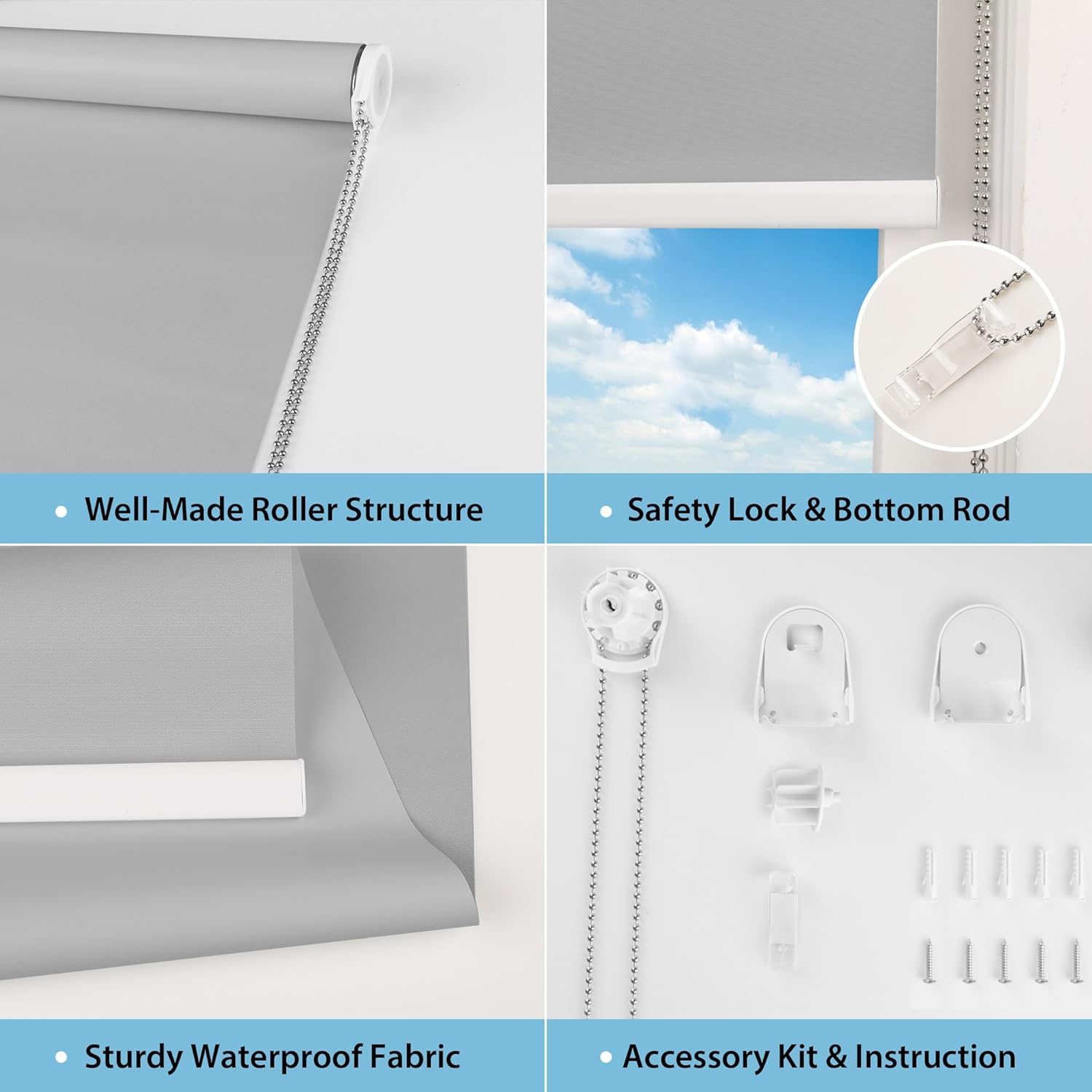 HausKit Persiana enrollable 100 % opaca, con aislamiento térmico, tela impermeable con protección UV, para oficina y hogar, fácil de instalar (gris,