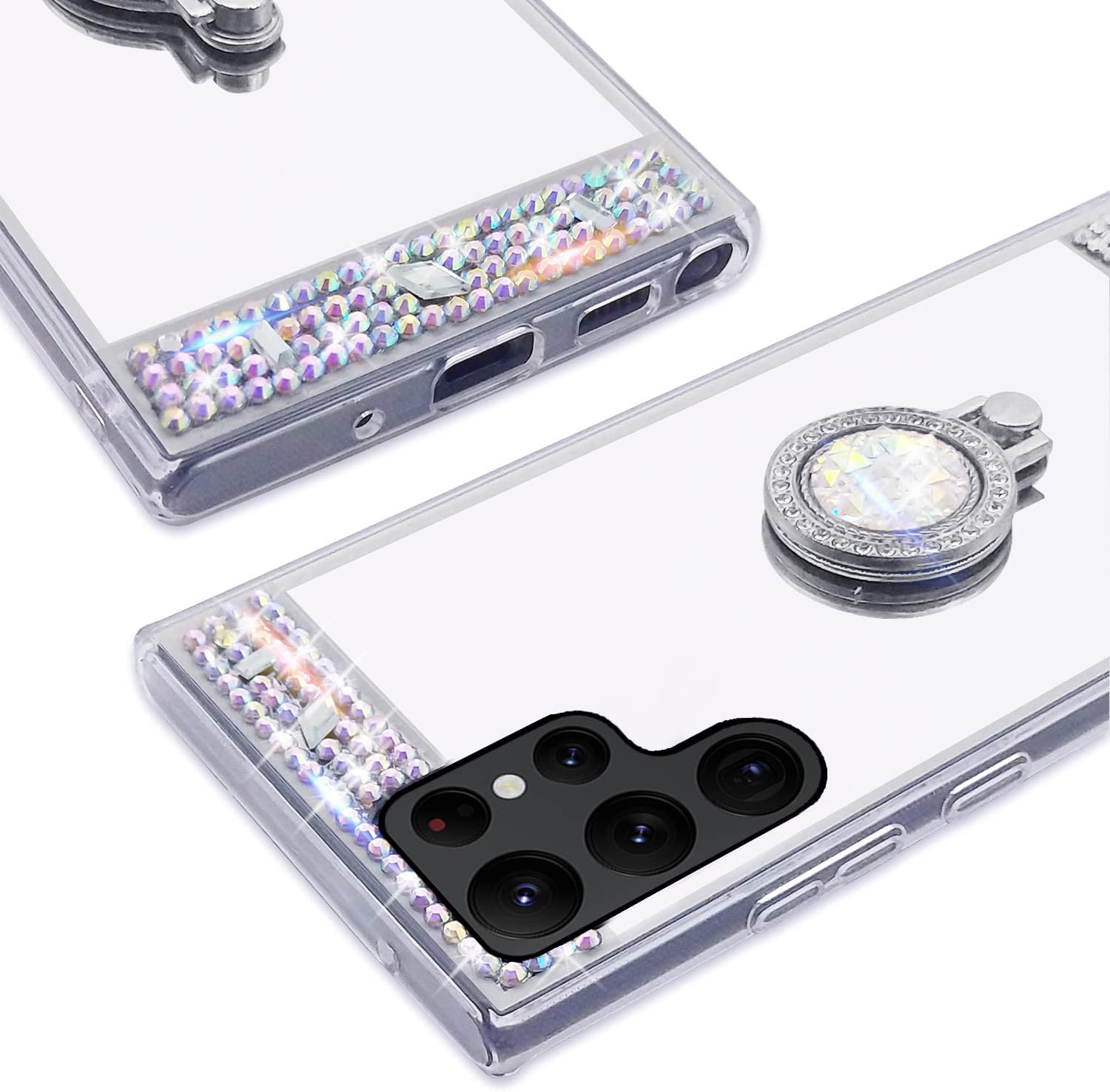 LUVI Compatible con Galaxy S22 Ultra – Funda de espejo de maquillaje con diamantes de imitación con soporte de anillo, soporte de soporte, linda