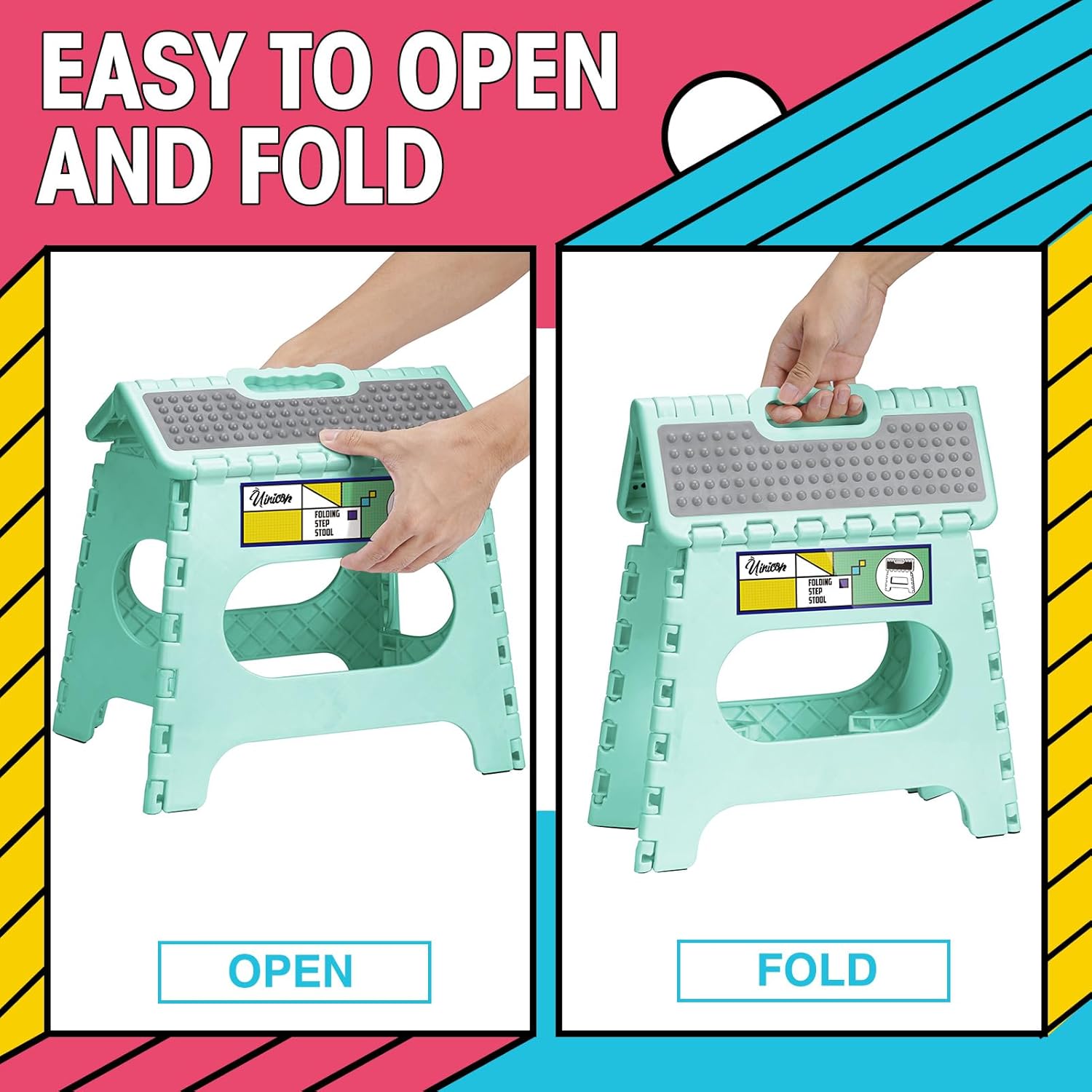 Uinicor Taburete plegable de 11 pulgadas para adultos y niños con capacidad para hasta 300 libras, taburetes plegables antideslizantes con mango
