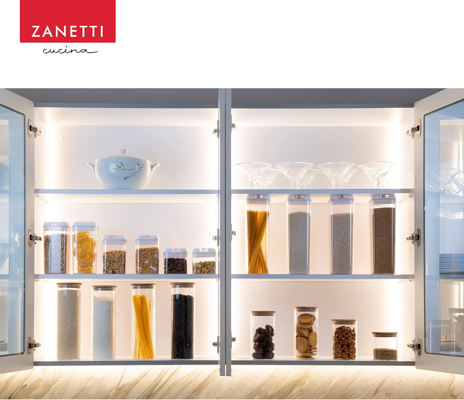 Zanetti – Recipientes herméticos de vidrio con tapas de madera de bambú para almacenamiento de alimentos con 75 etiquetas preimpresas para despensa