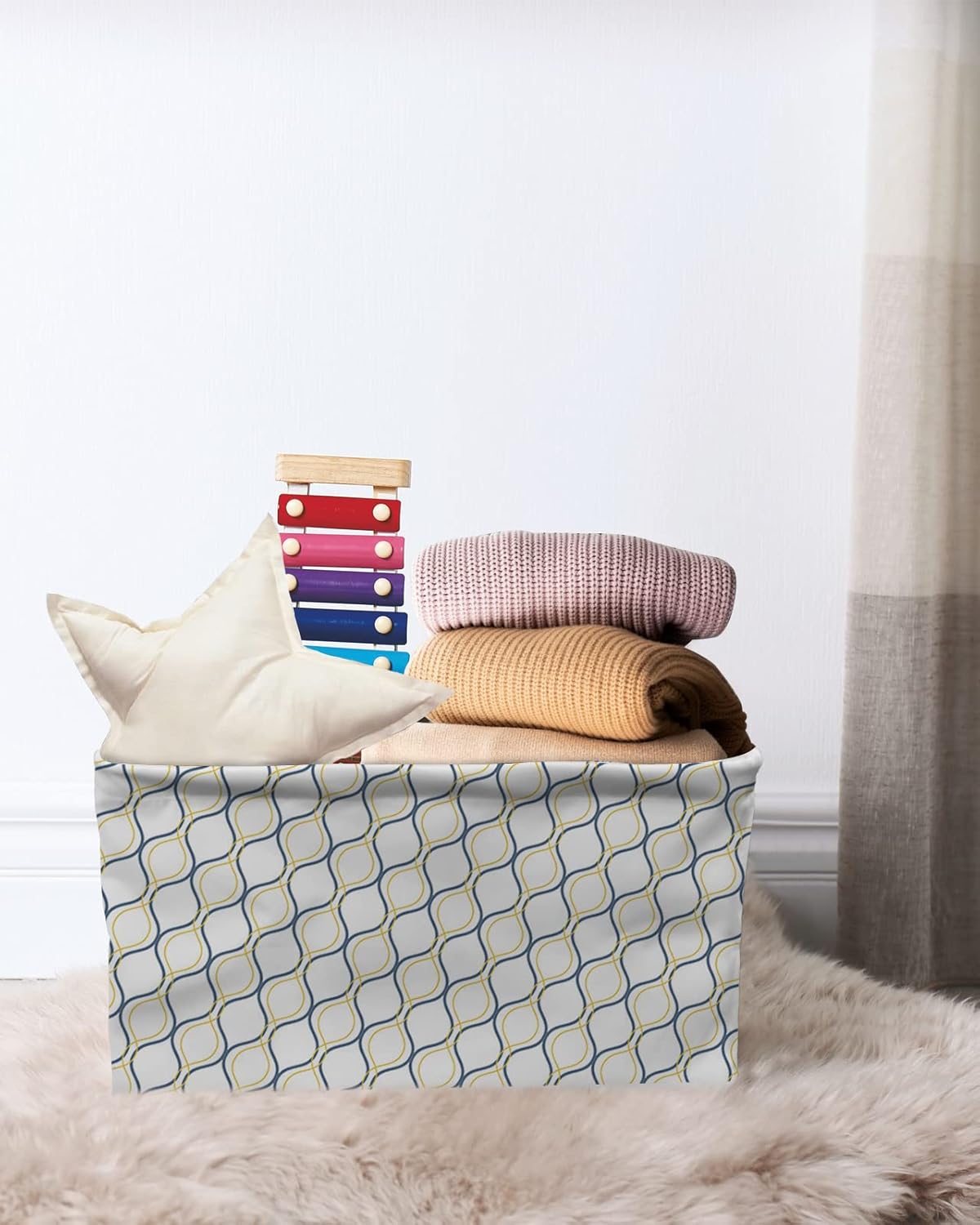 Cesta de almacenamiento de moire azul y amarillo para organizar estantes, cajas de almacenamiento plegables con asa, arte abstracto geométrico