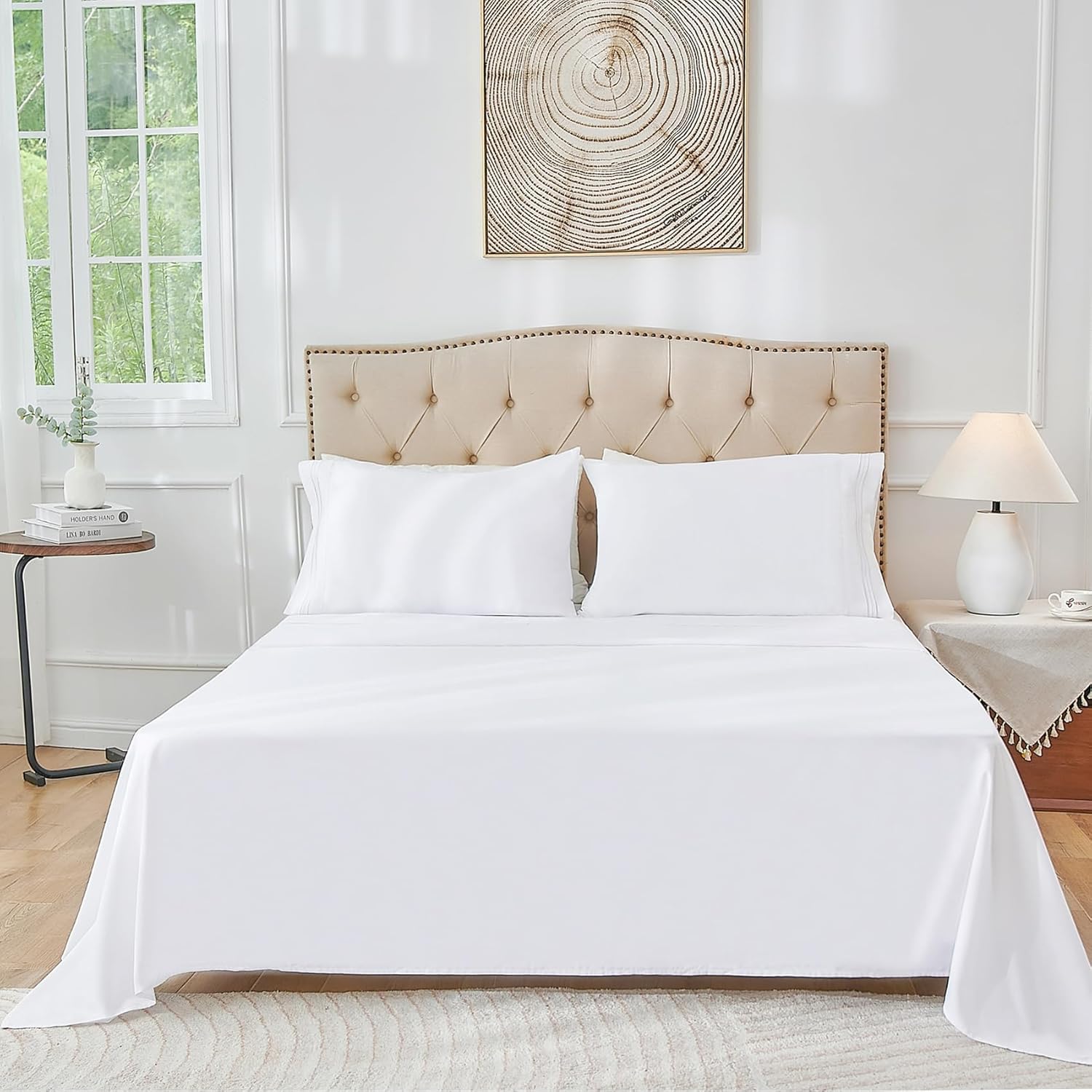 Juego de sábanas blancas de tamaño matrimonial, juego de sábanas bajeras y fundas de almohada de bolsillo profundo, 4 piezas de microfibra de