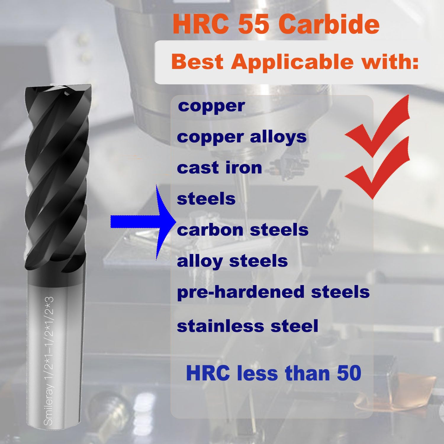 Fresa cuadrada de carburo de 18 “para aceros, HRC 55 grados, 4 flautas, brocas de fresado de extremo de recubrimiento AlTiN para fresar aceros