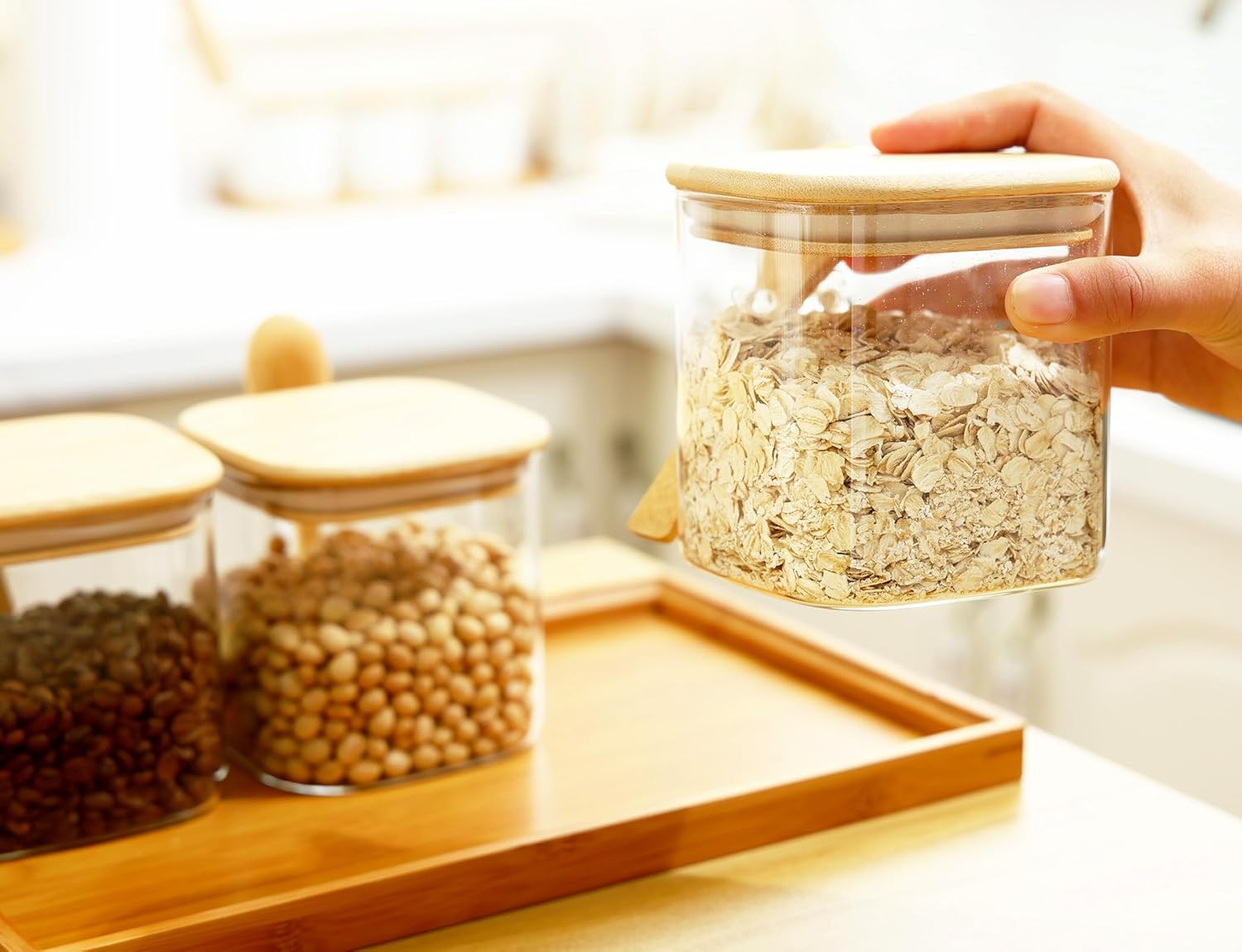 Recipiente de almacenamiento de vidrio con tapas y cucharas de bambú, recipientes para alimentos Storgae con tapas, tarros transparentes de