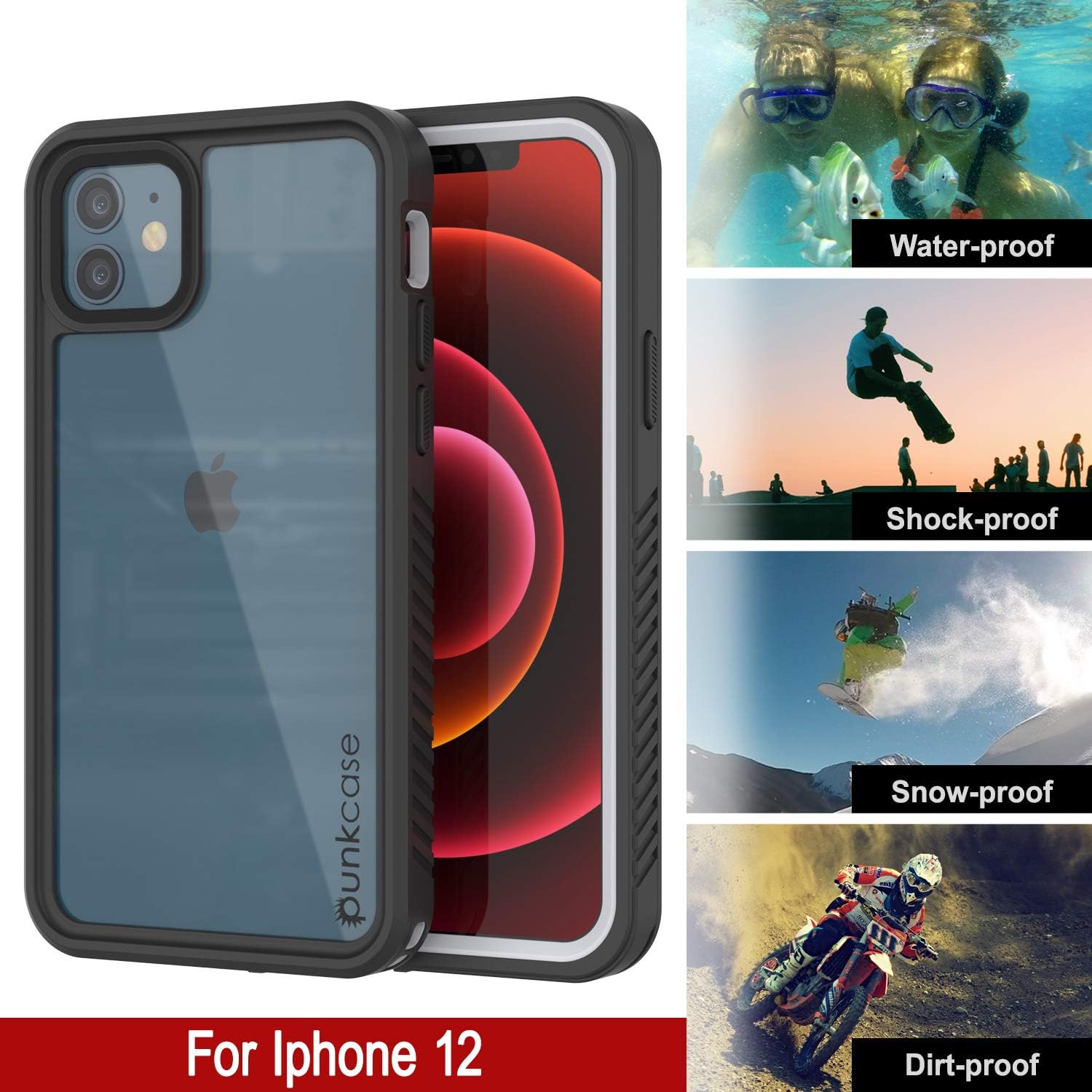 Punkcase Funda impermeable diseñada para iPhone 12 Serie Extrema Ajuste delgado Certificado IP68 A prueba de nieve Funda blindada con protector de