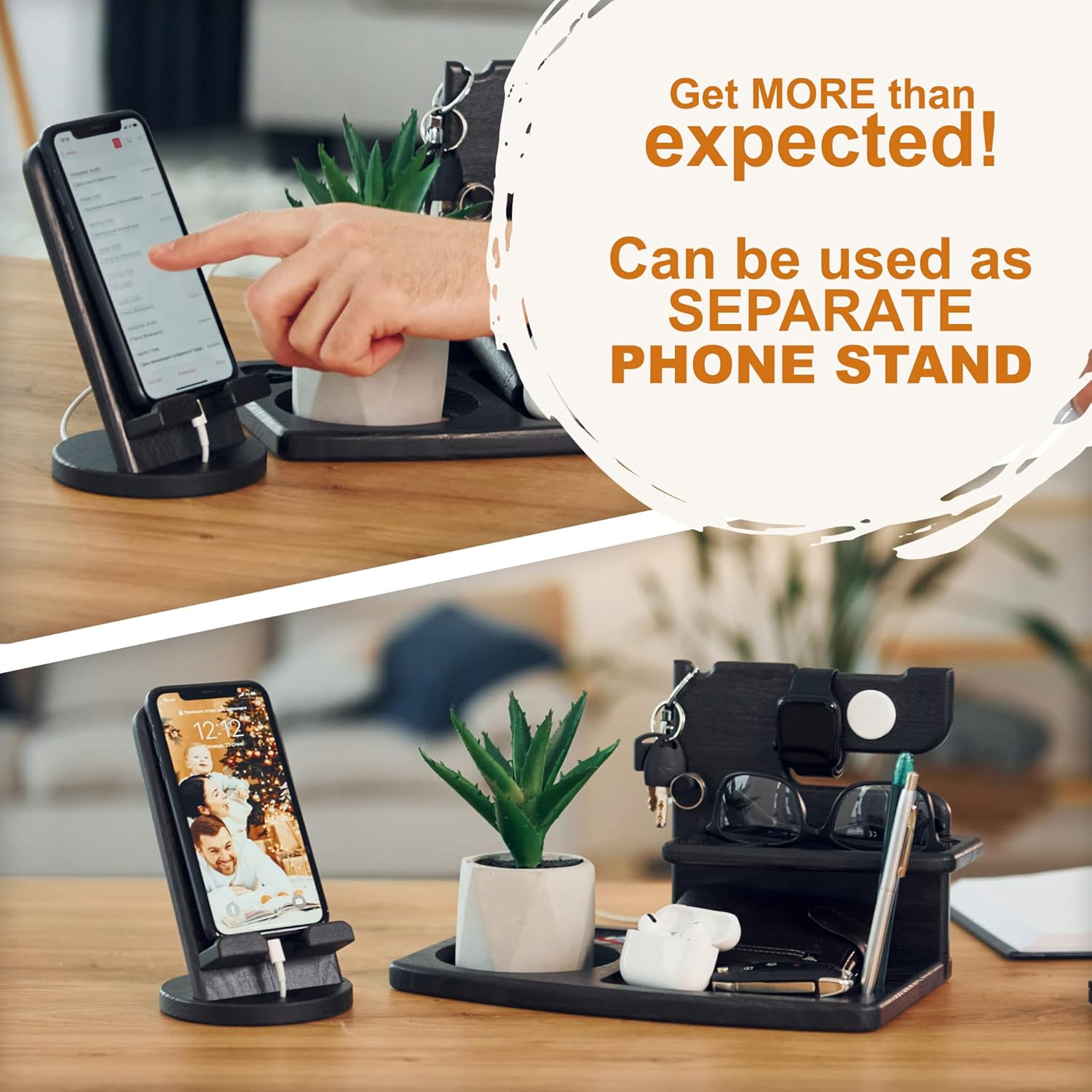 TESLYAR Estación de acoplamiento giratoria de madera para teléfono con reloj para iPhone, soporte para llaves de ceniza, soporte para cartera,