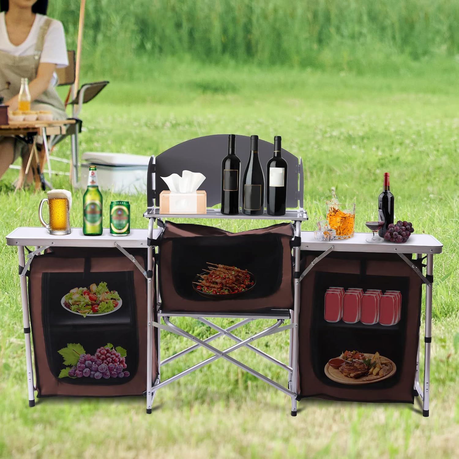 Mesa de cocina plegable para acampar con almacenamiento y 2 mesas laterales, parabrisas desmontable, estación de cocina portátil para campamento al