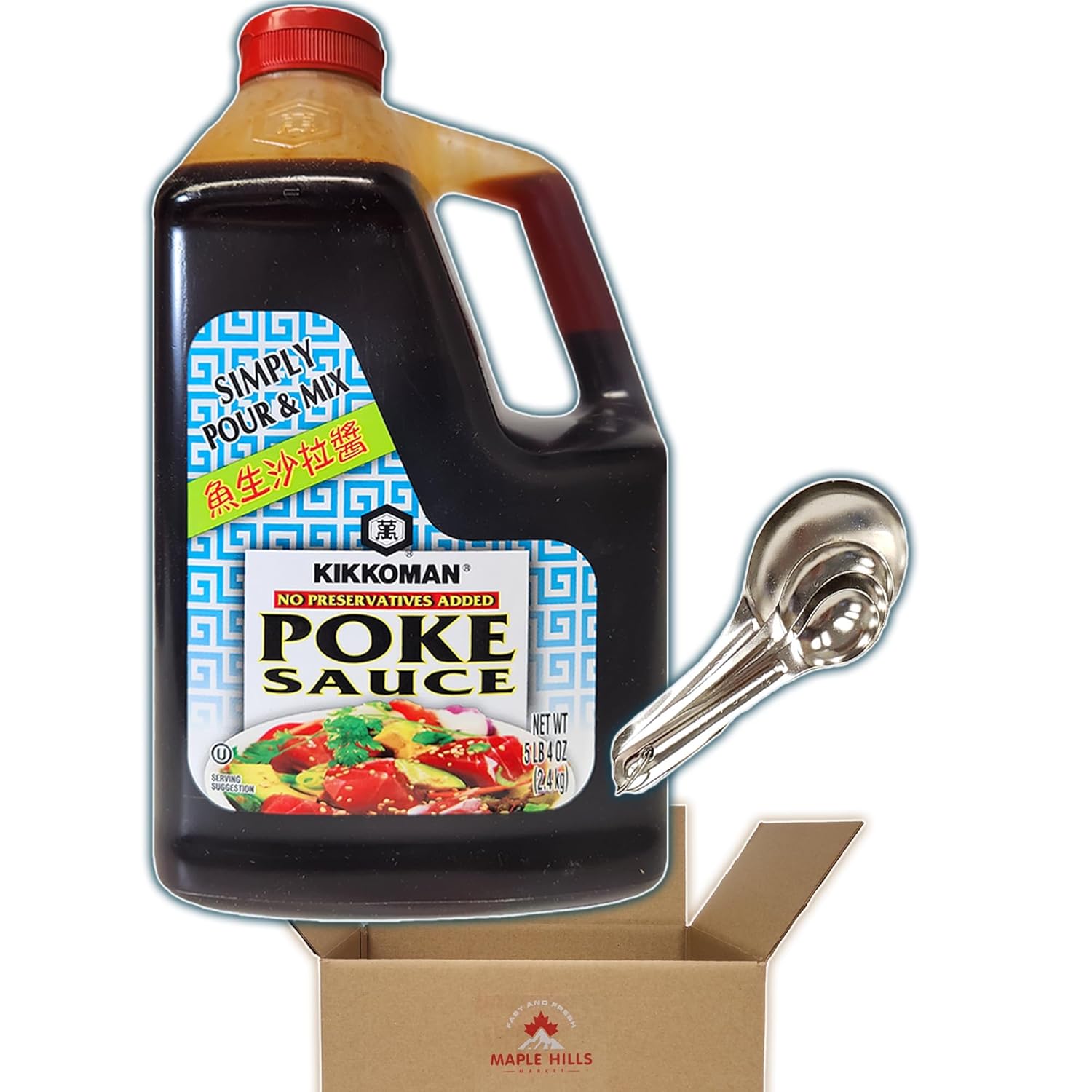 Kikkoman Pour and Mix Poke Sauce – Jarra de 5 libras y 4 onzas con útil juego de cucharas medidoras  sin conservantes añadidos  para Poke Bowls,