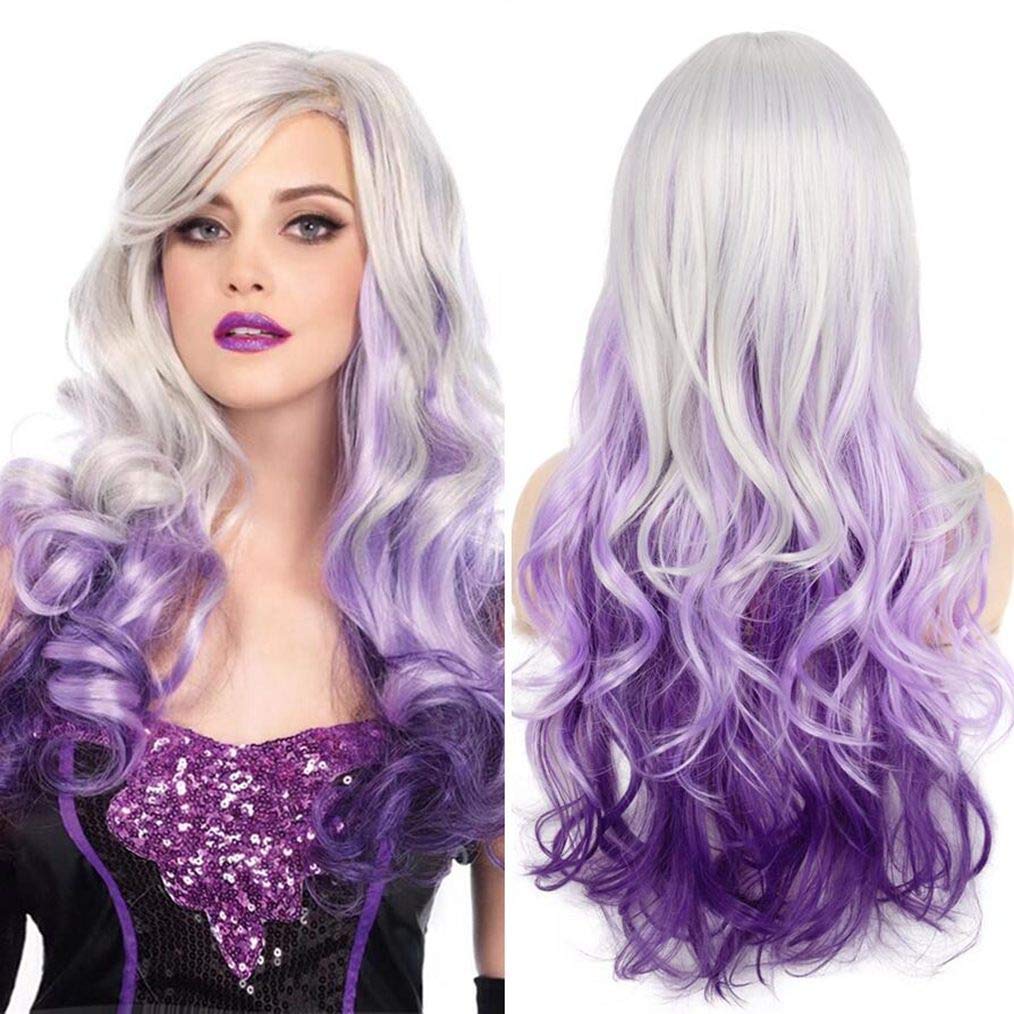 Peluca larga y rizada ondulada gris plateado a morado con parte lateral de aspecto natural sintético Cosplay peluca para mujeres