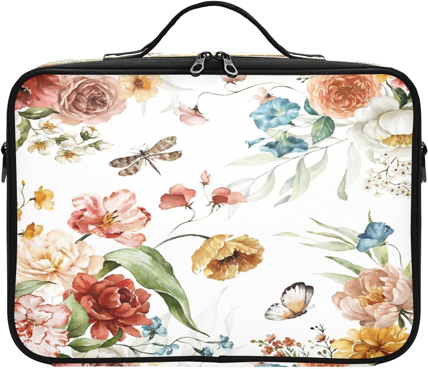 Pink Blush Flowers Green Leaves Branches Dragonfly zip cosmetic bag bags for women travel up bag organizator cute makeup bag bolso para maquillaje