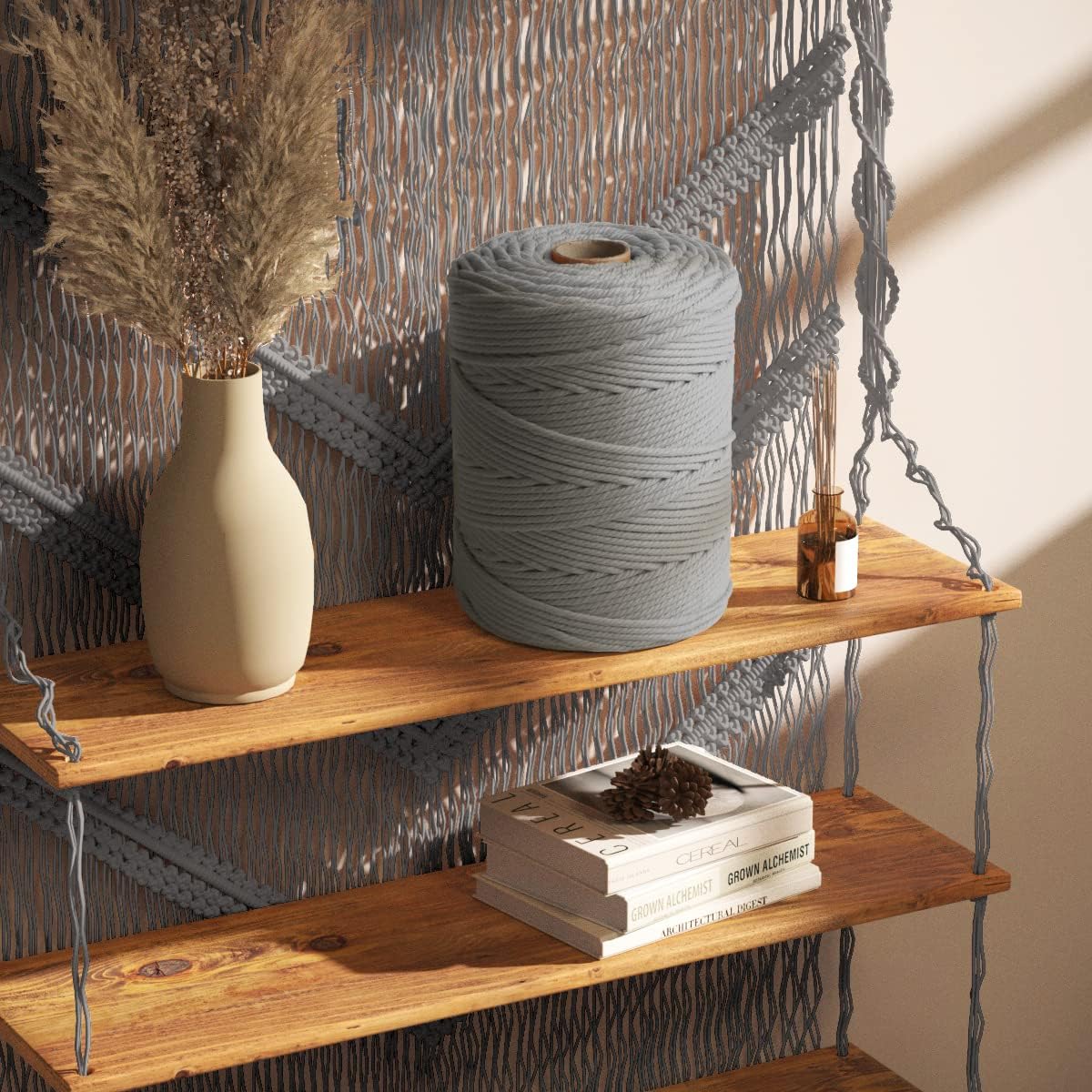 ZUEXT – Cordón de algodón de macramé de 0.197 in x 328 yardas, cuerda trenzada natural hecha a mano gris claro, 4 hebras de cuerda de punto para
