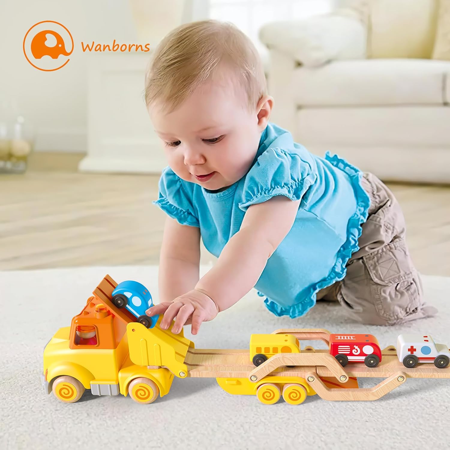 Camión transportador de coche de juguete con vehículos de madera, remolque de pista, luces y sonidos, regalo para niños de 2 a 5 años
