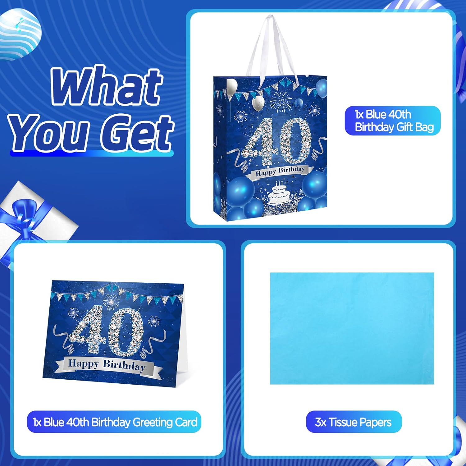 Bolsa de regalo de cumpleaños de 40 años, color azul marino y plateado, bolsa de regalo de 40 cumpleaños con papel de seda y tarjeta, bolsa azul
