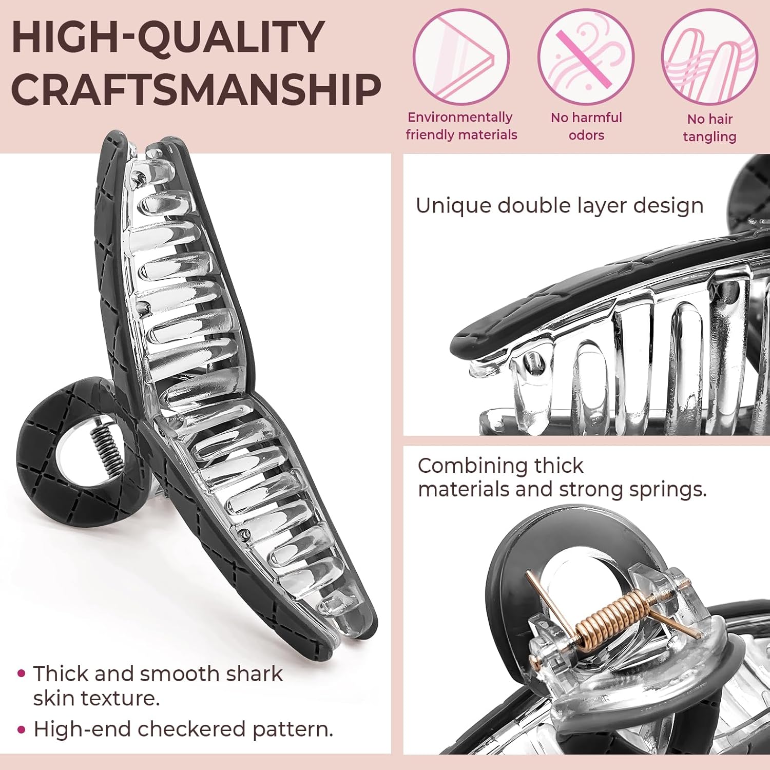 2 pinzas grandes de 4.3 pulgadas para el cabello, pinzas de doble capa para cabello grueso y fino, pinzas de sujeción fuerte, color blanco y negro