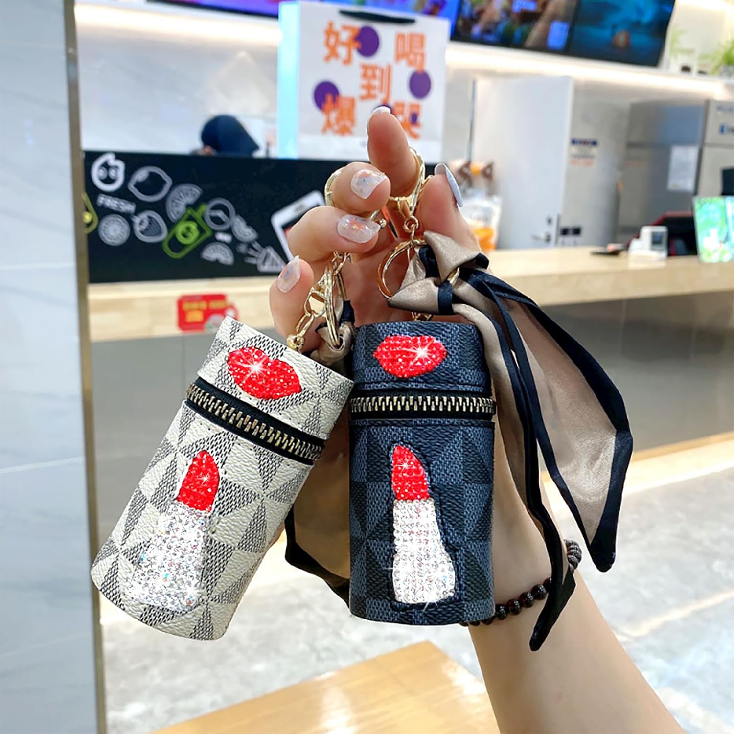 Organizador de lápiz labial, 2 unidades, bolsa de cuero de lujo para brillo de labios, mini estuche para lápiz labial con llavero, soporte de