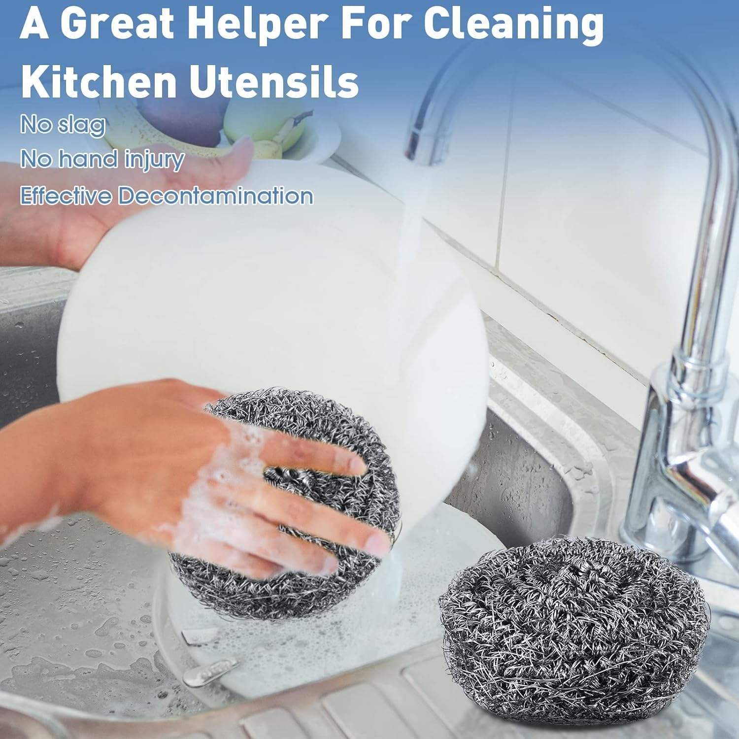 Juego de esponjas de acero inoxidable con 2 asas, depurador de limpieza de metal, bolas reutilizables resistentes para limpieza de cocina, baño,