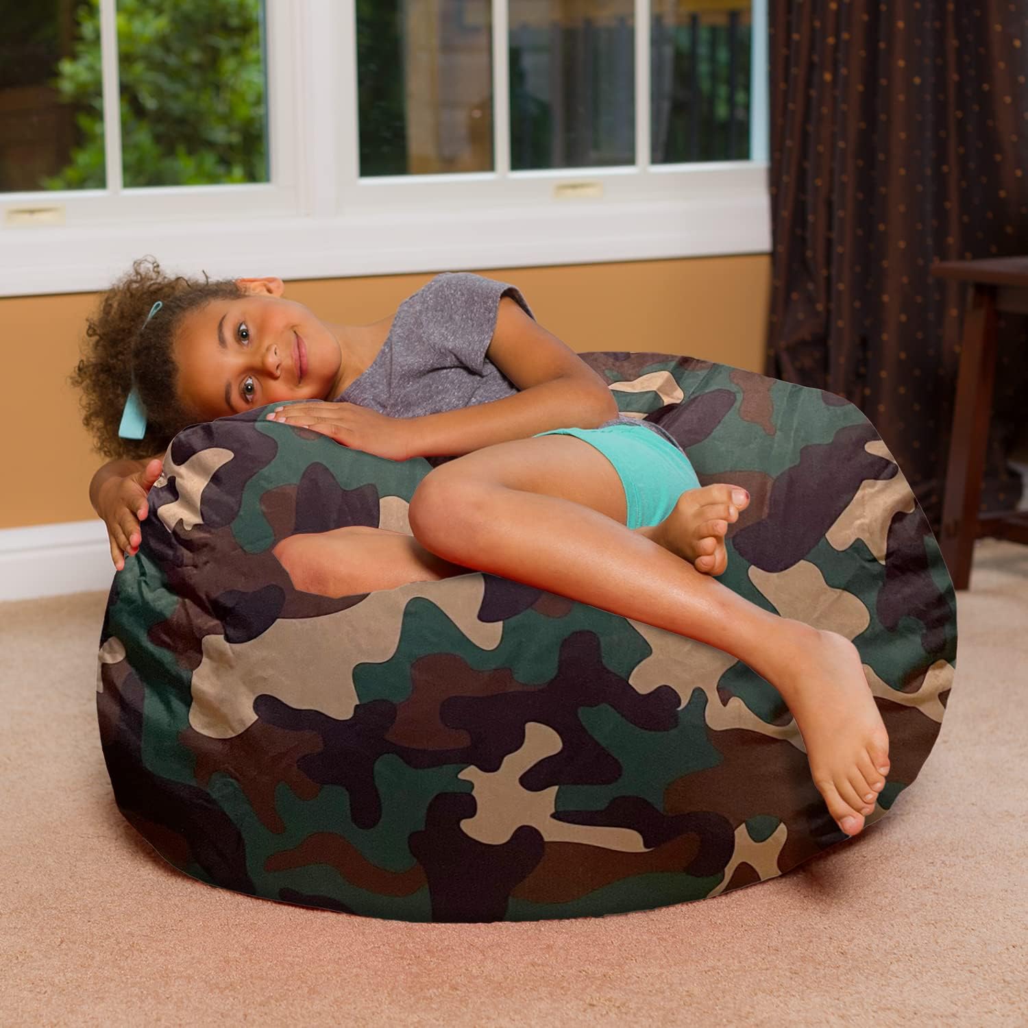 Posh Creations – Sillón puff para niños, adolescentes y adultos, incluye funda extraíble y lavable a máquina, nailon suave, estampado de camuflaje