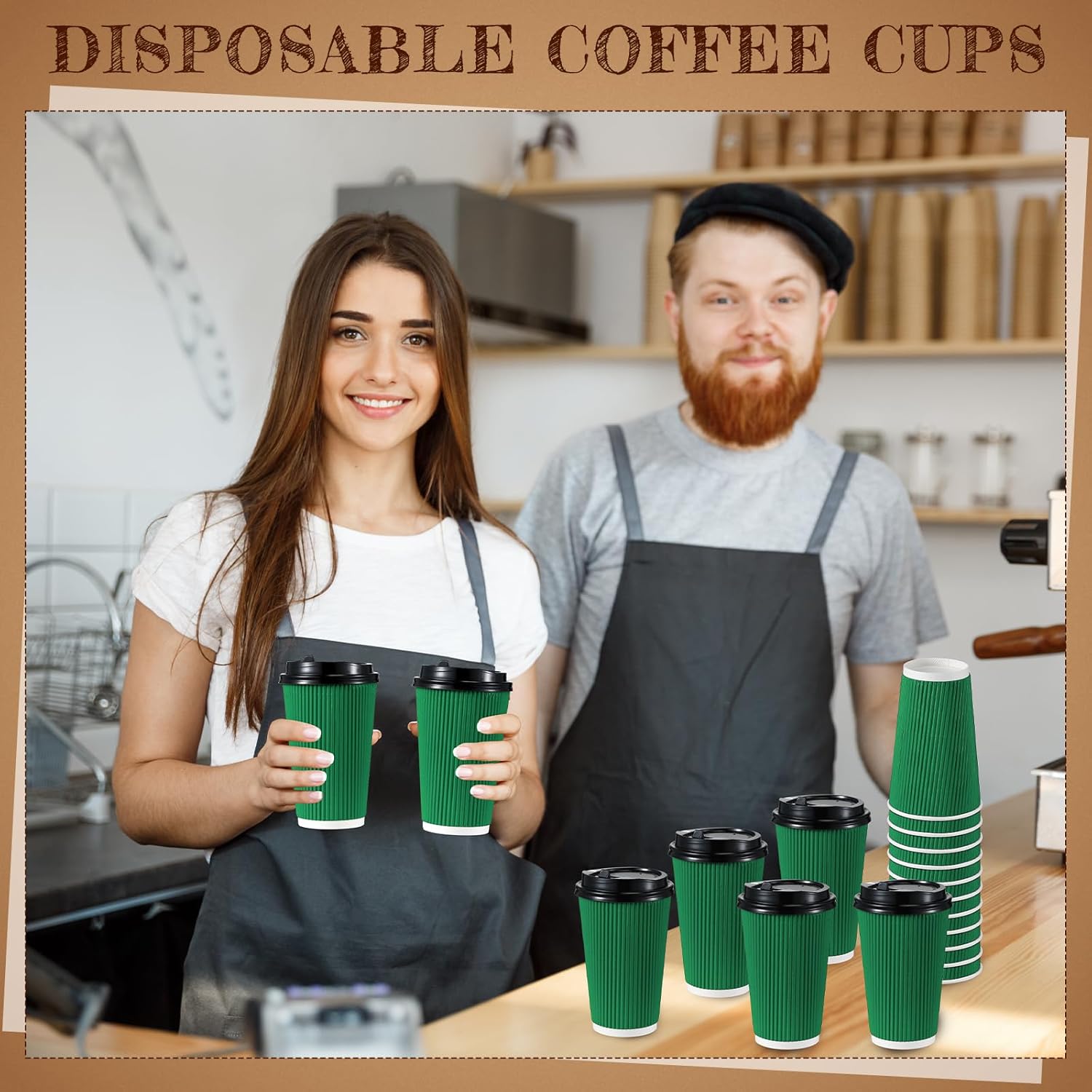 Tioncy 100 tazas de café desechables con tapas, tazas de papel, onduladas corrugadas, aisladas en la pared, tazas calientes con tapas para café,