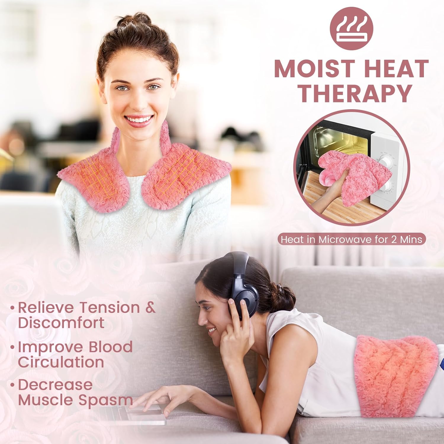REVIX Juego de 2 almohadillas térmicas para microondas, almohadilla térmica húmeda de terciopelo rosa apta para microondas para cuello, hombros y