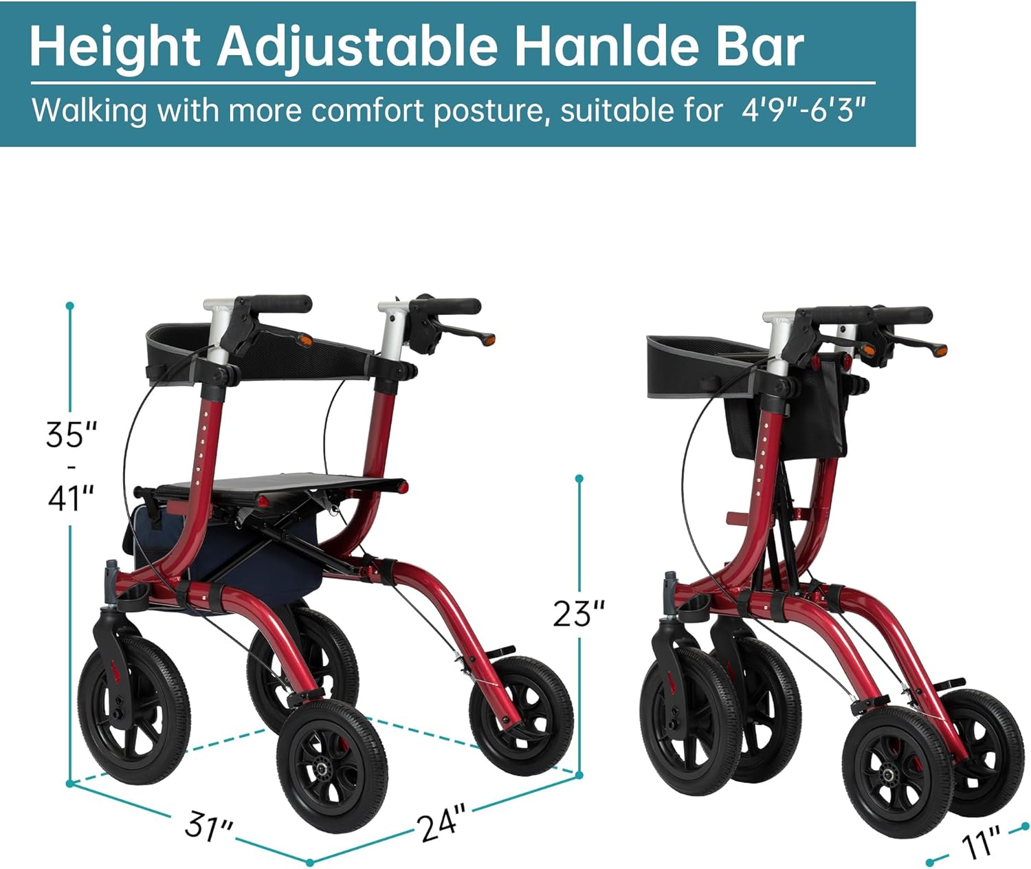 ELENKER Andador todoterreno con asiento, andador con ruedas para exteriores, ruedas delanteras de neumático no neumático de 12 pulgadas, diseño