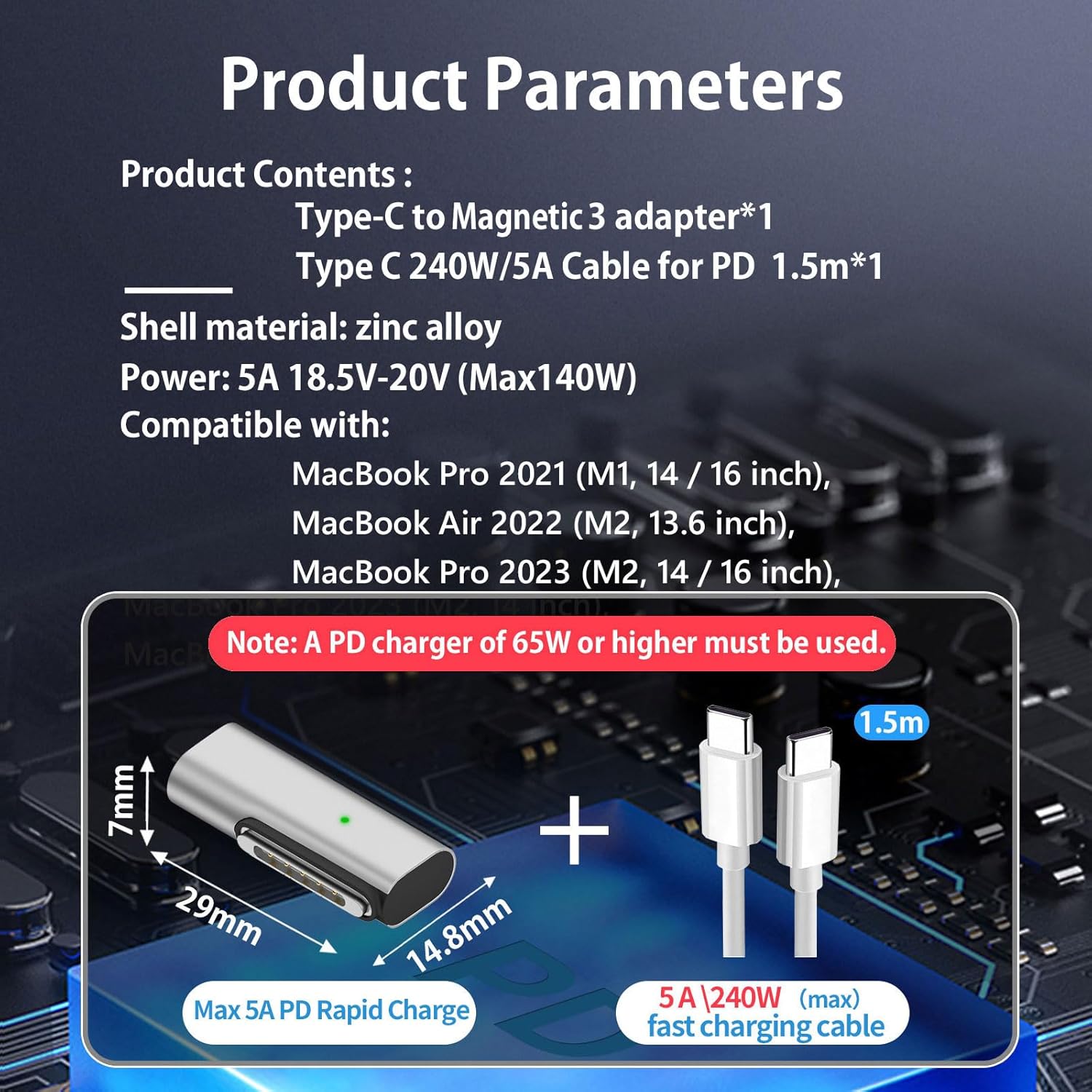 Adaptador de carga USB C a magnético 3 de 140 W, seguro 3, compatible con MacBook Pro 2023 (M2, 1416 pulgadas), MacBook Air 2022 (M2), MacBook Pro