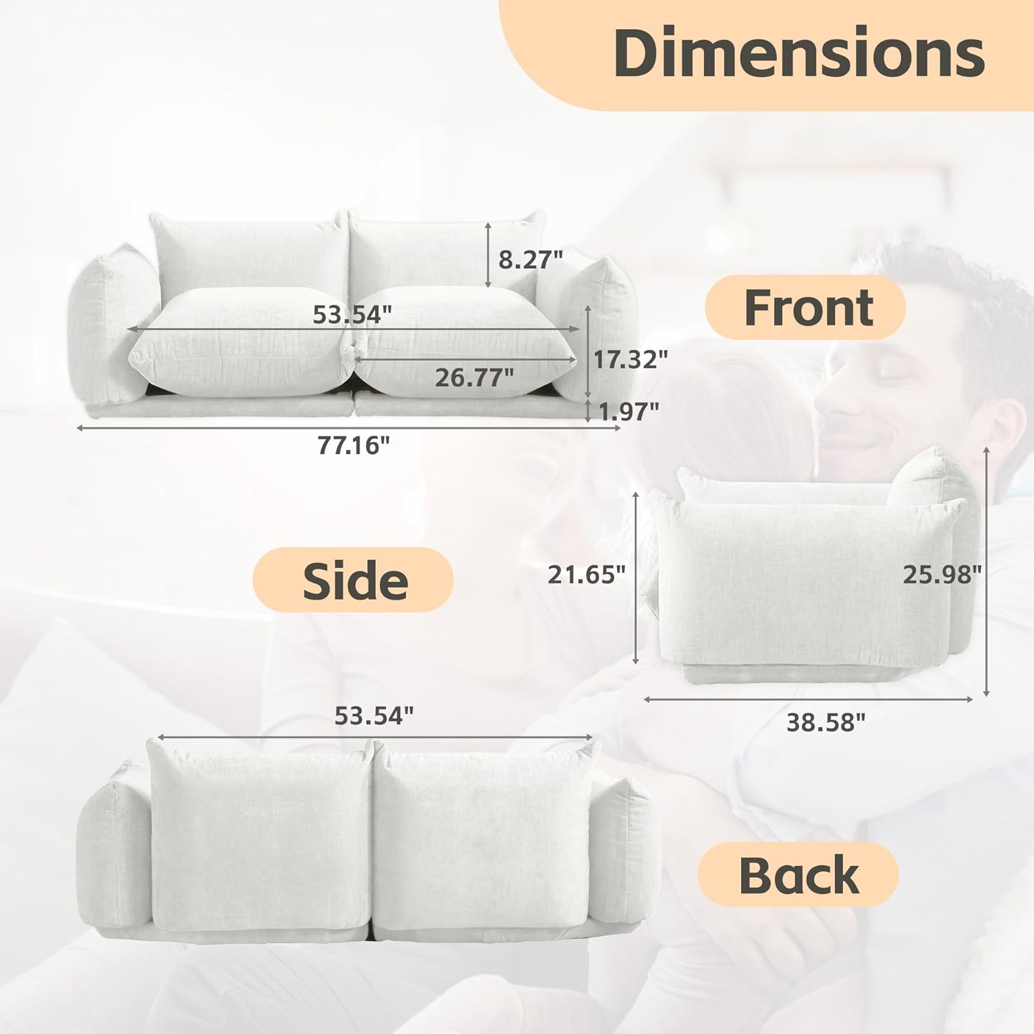 Sofá modular modular, sofá Lovesofa, sofá convertible minimalista de 77.16 pulgadas, moderno Chenilleyarn de 2 plazas para sala de estar, juegos de