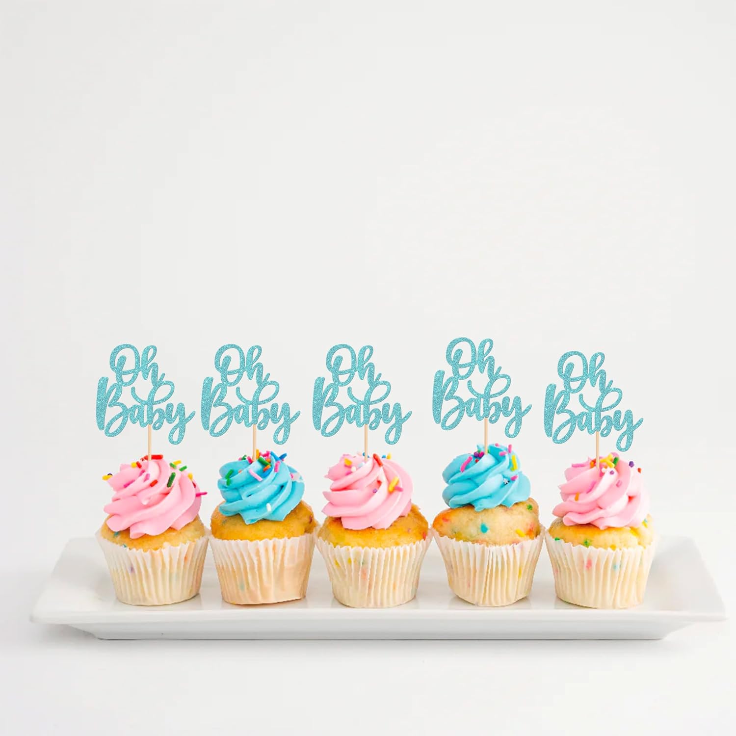 24 piezas Oh Baby Cupcake Toppers con purpurina para baby shower, para baby shower, niños y niñas, fiesta de cumpleaños, suministros de decoración