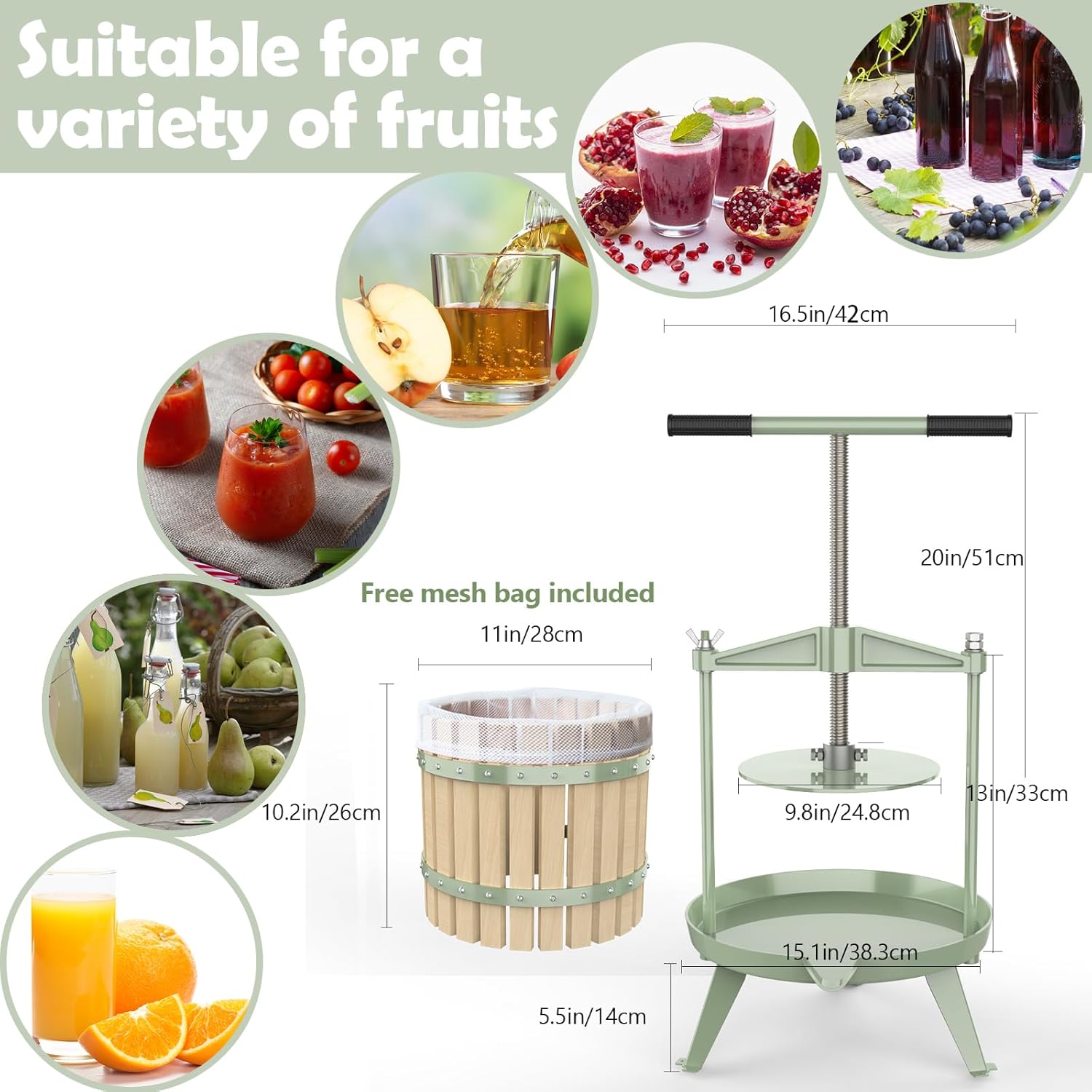 SQUEEZE master Prensa de sidra de vino de frutas, cesta de madera maciza, barra de mango de 3.17 galones12L-T con trituradora clásica de vino de