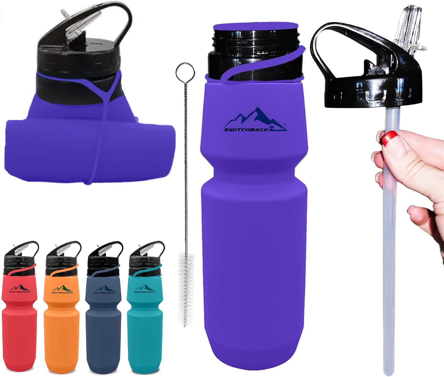 Botella de agua plegable de viaje (25 onzas), de silicona, a prueba de fugas, sin BPA, ligera, con popote plegable, botellas de agua plegables
