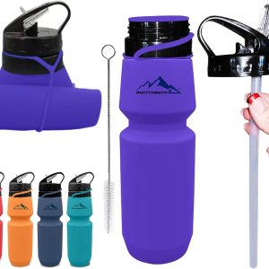 Botella de agua plegable de viaje (25 onzas), de silicona, a prueba de fugas, sin BPA, ligera, con popote plegable, botellas de agua plegables Botella de agua plegable de viaje (25 onzas), de silicona, a prueba de fugas, sin BPA, ligera, con popote plegable, botellas de agua plegables