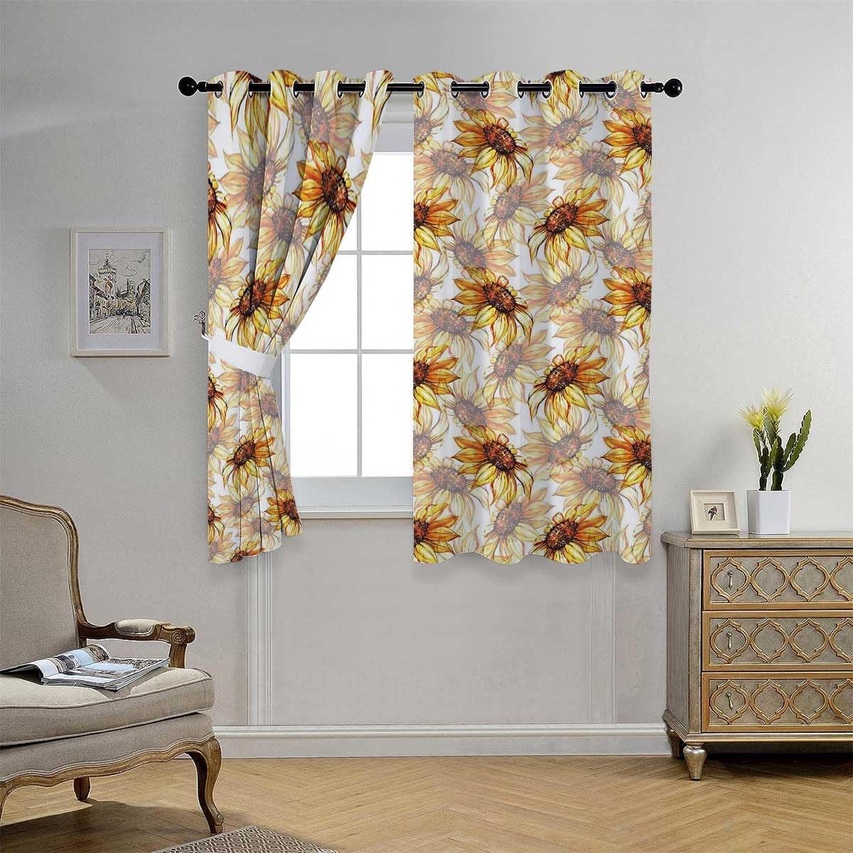 YANFENQI Cortinas para Habitacion Yellow Flower Thermal Door Curtain Darkout Curtains for Bedroom 55Inch Width by 45Inch Length,2 Panels