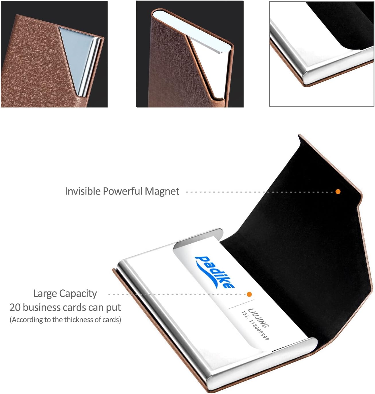 Estuche para tarjetas de presentación, de lujo, de piel y acero inoxidable, multitarjeta, tarjetas de crédito, identificación, para hombres y
