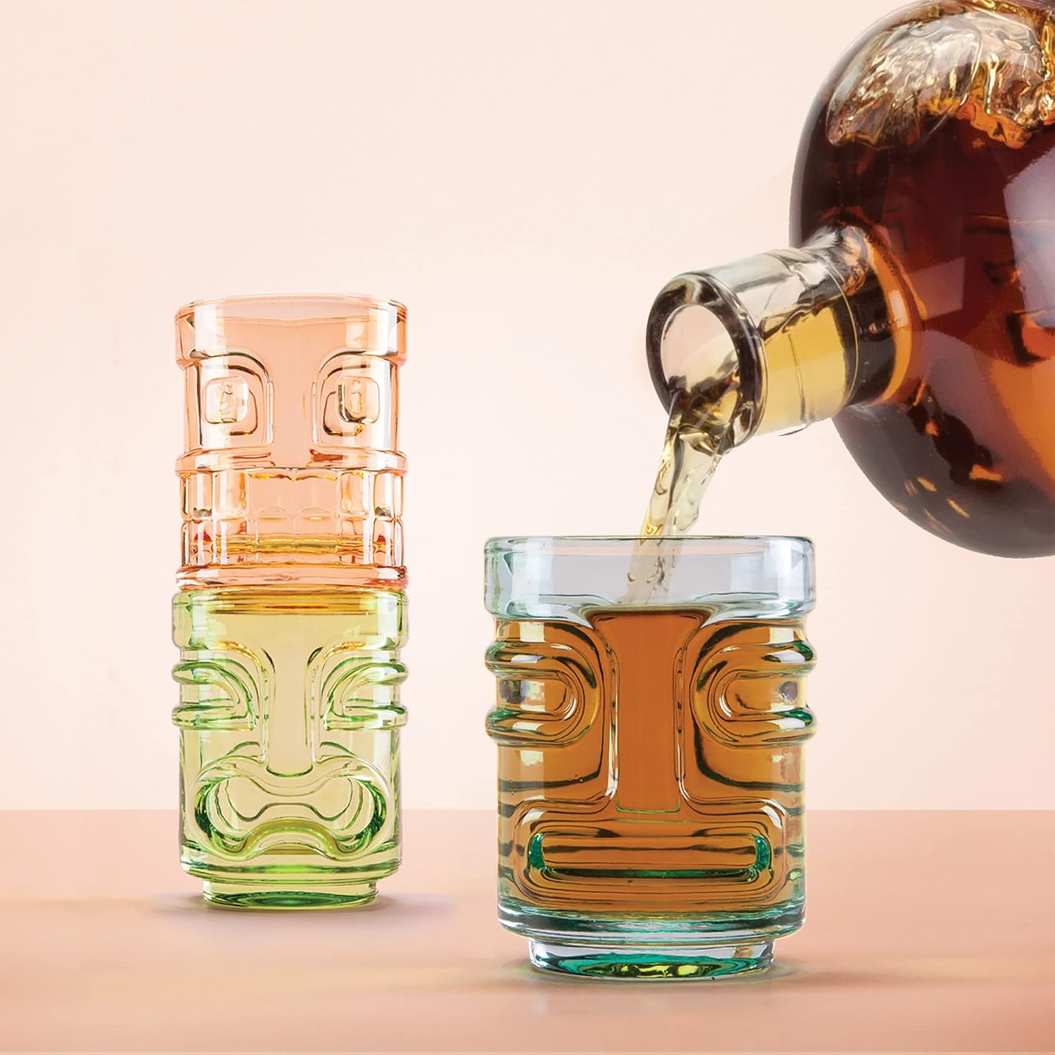 Tiki – Vasos de chupito para cócteles, juego de vasos de chupito apilables tropicales, vidrio de color Tiki, capacidad para 2 onzas, multicolor,