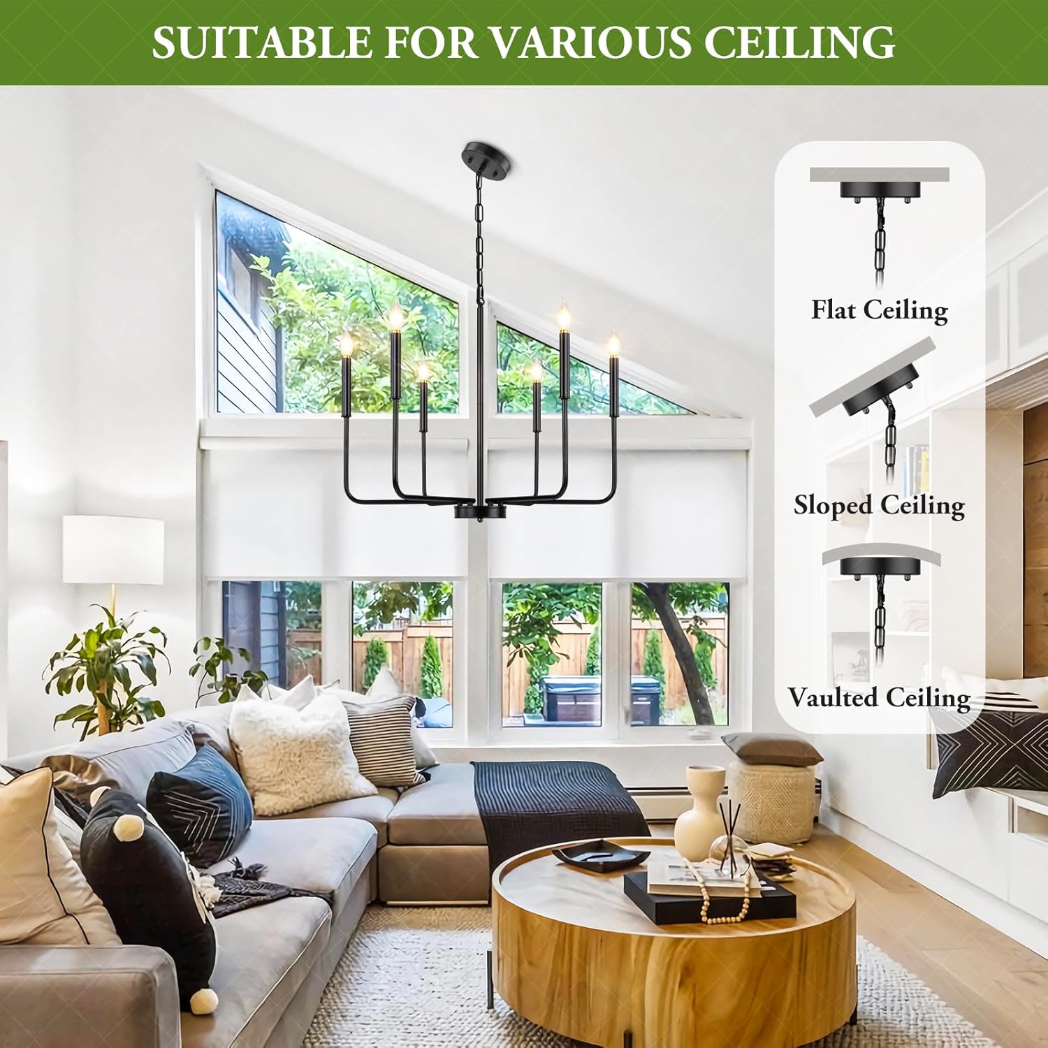 Candelabro negro, 6 luces modernas de granja para accesorios de iluminación de comedor, iluminación industrial rústica colgante de vela para