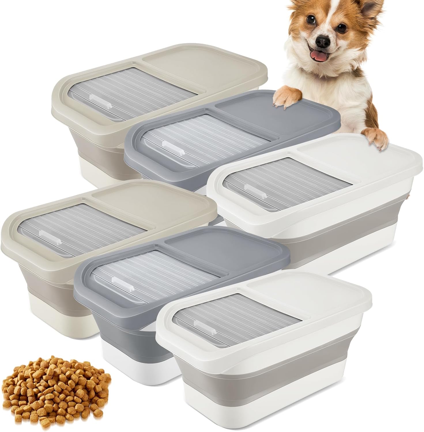 Roshtia Paquete de 3 contenedores plegables de almacenamiento de alimentos para perros de 13 libras con tapas, contenedor de alimentos plegable para
