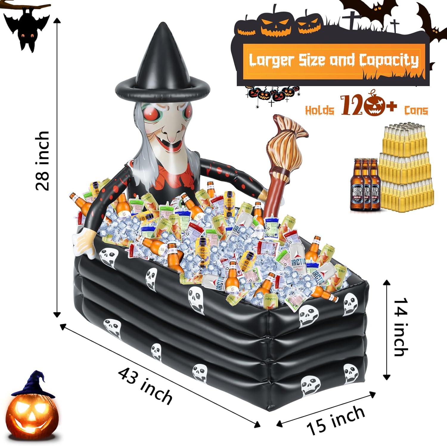 Enfriador inflable de Halloween, enfriador de bebidas grande de Halloween para fiesta de Halloween, 43 pulgadas, brujas, ataúd inflable, barra de
