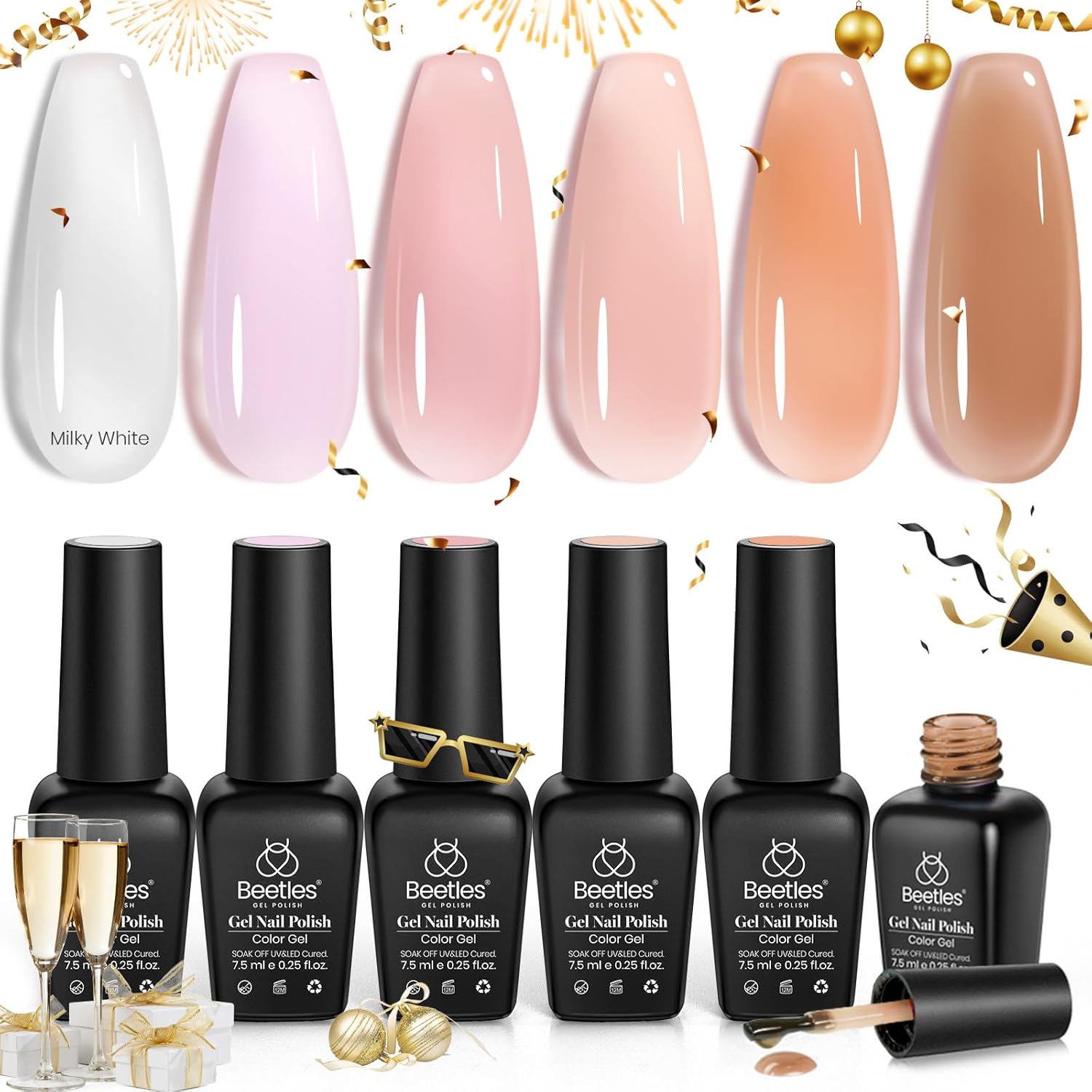 beetles Gel Polish Juego de esmaltes de uñas de gel de 6 colores, regalo de San Valentín, blanco lechoso, rosa, nude, marrón, transparente, UV, gel