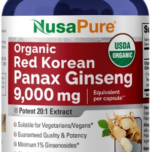 NusaPure Rojo coreano Panax Ginseng 9,000 mg 180 cápsulas vegetales (USDA orgánico, sin OMG, extracto 201) NusaPure Rojo coreano Panax Ginseng 9,000 mg 180 cápsulas vegetales (USDA orgánico, sin OMG, extracto 201)