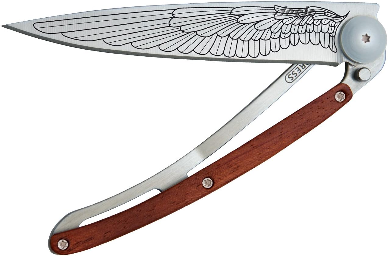 Deejo – Cuchillo de bolsillo plegable ultraligero con clip para cinturón, versión de madera de coral, 1.3 onzas, hoja fina y afilada, patrón de