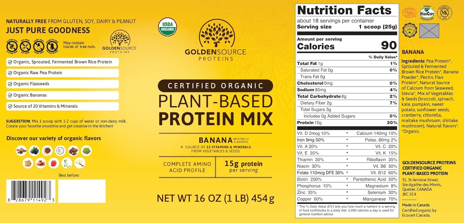 GoldenSource Proteins, plátano, proteína en polvo a base de plantas, mezcla de proteínas, proteína en polvo con 22 vitaminas y minerales, 0.63 onzas