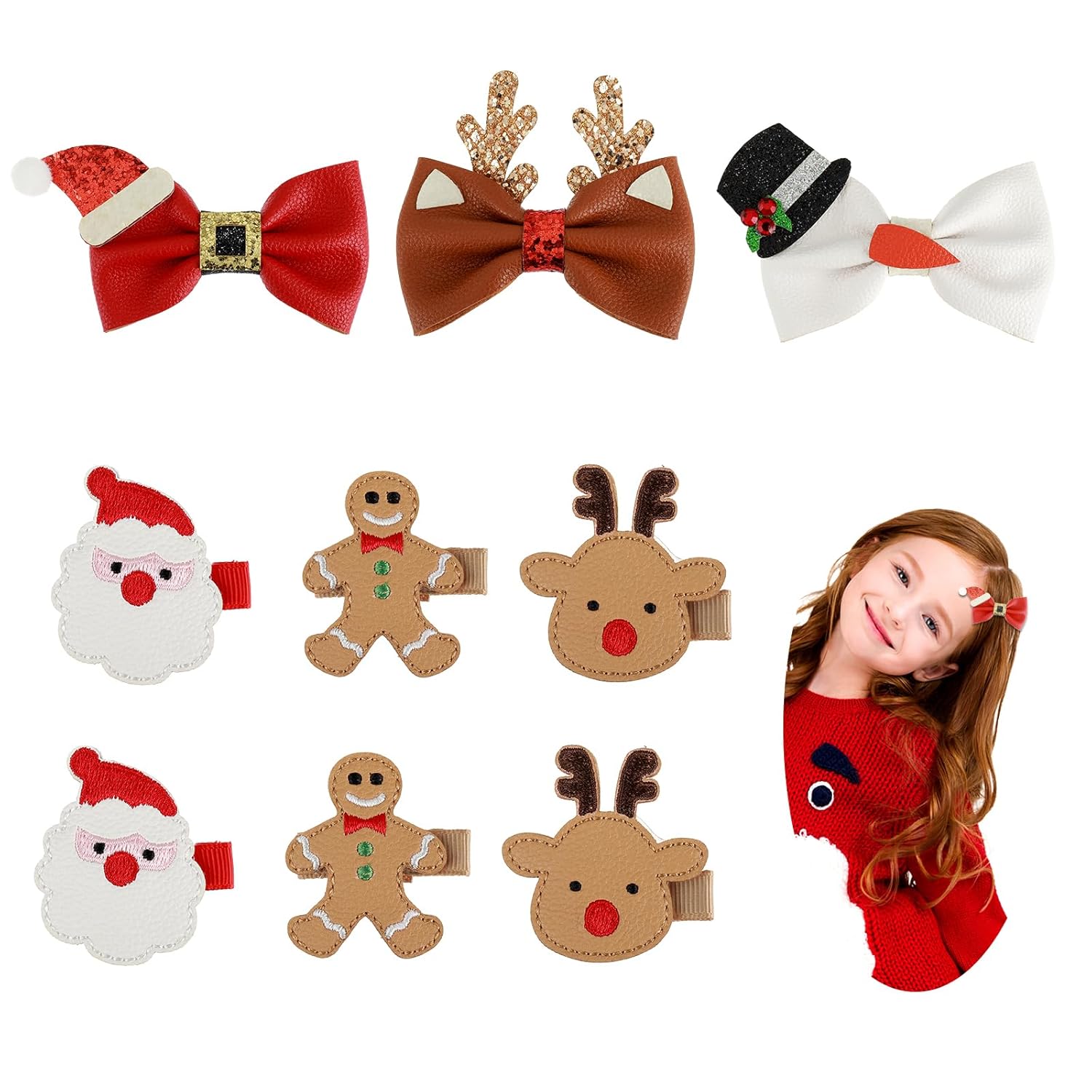 Amaxiu 9 pinzas para el cabello de Navidad, cuernos para sombrero de Navidad, lazos para el cabello, lindos pasadores de pelo de Papá Noel, pan de