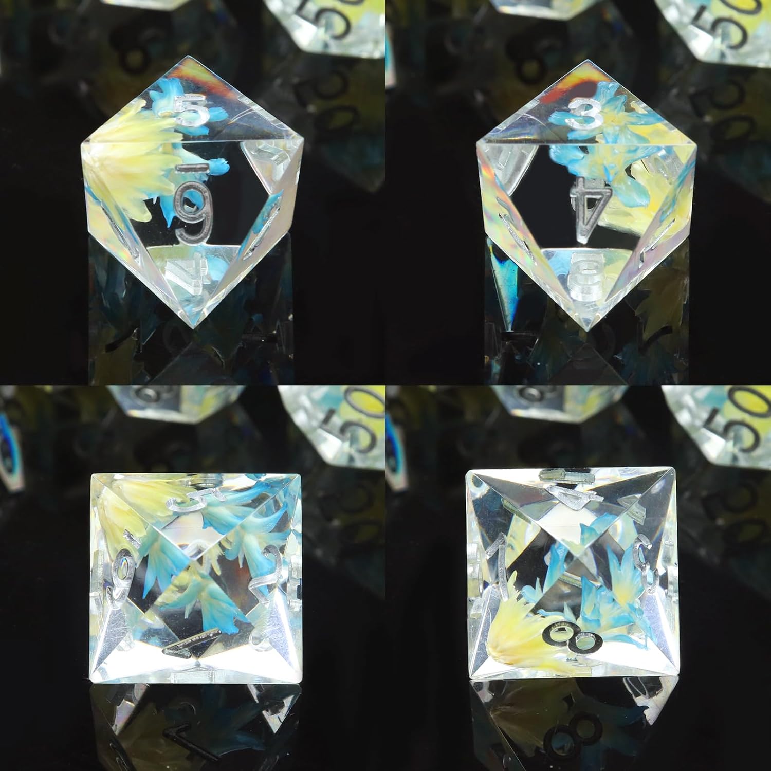 Haxtec Juego de dados DND de flores, dados de borde afilado con estuche de dados hechos a mano de resina azul y amarilla, juego de dados D&D para