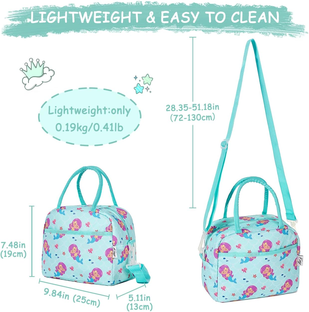 Kasqo Lonchera para niños, bolsa térmica aislada para niñas pequeñas con correa de hombro frontal y bolsillo, sirena
