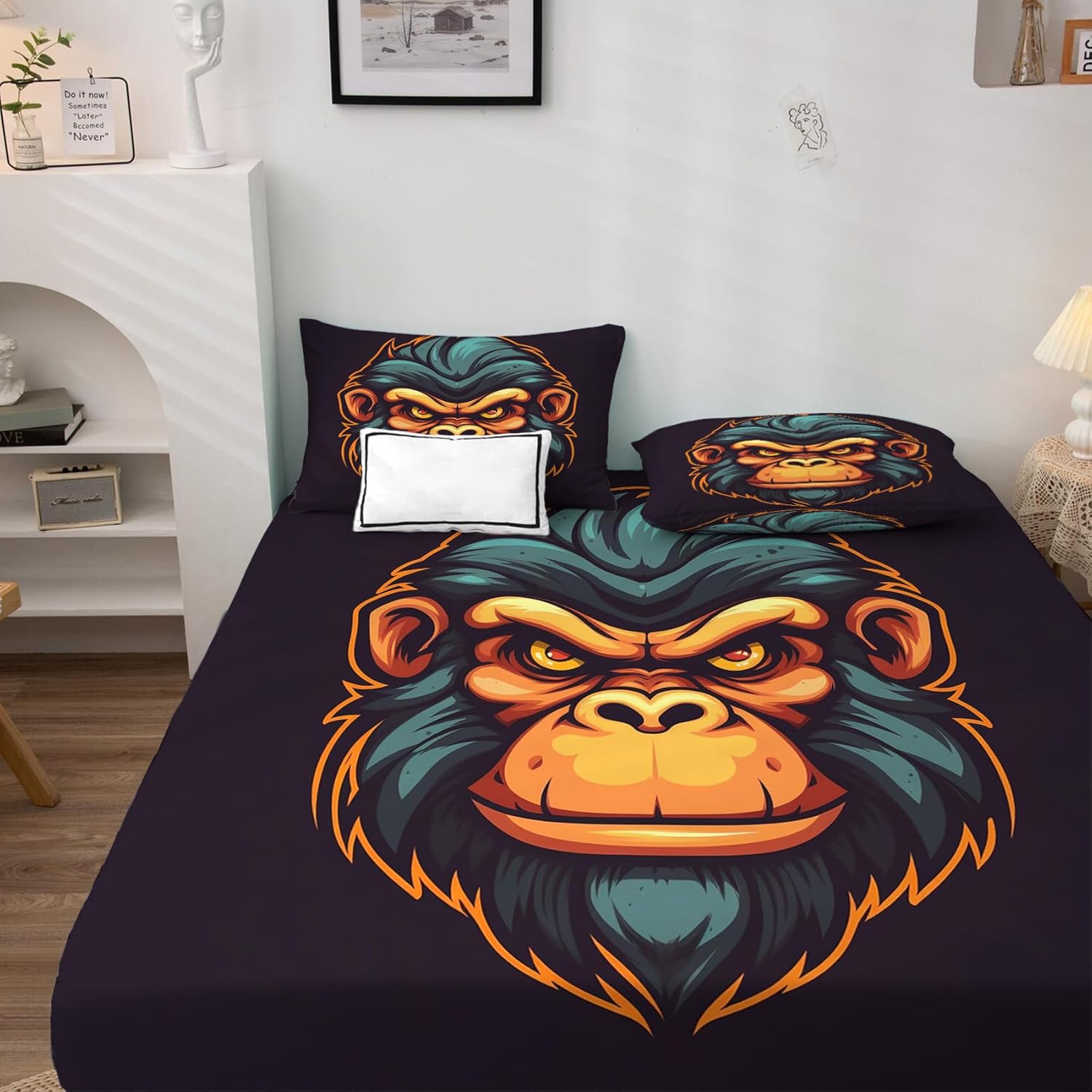 J9-&-192 – Juego de sábanas de chimpancé tamaño Queen, sábanas y fundas de almohada estampadas de 4 piezas, sábana bajera ajustable de microfibra