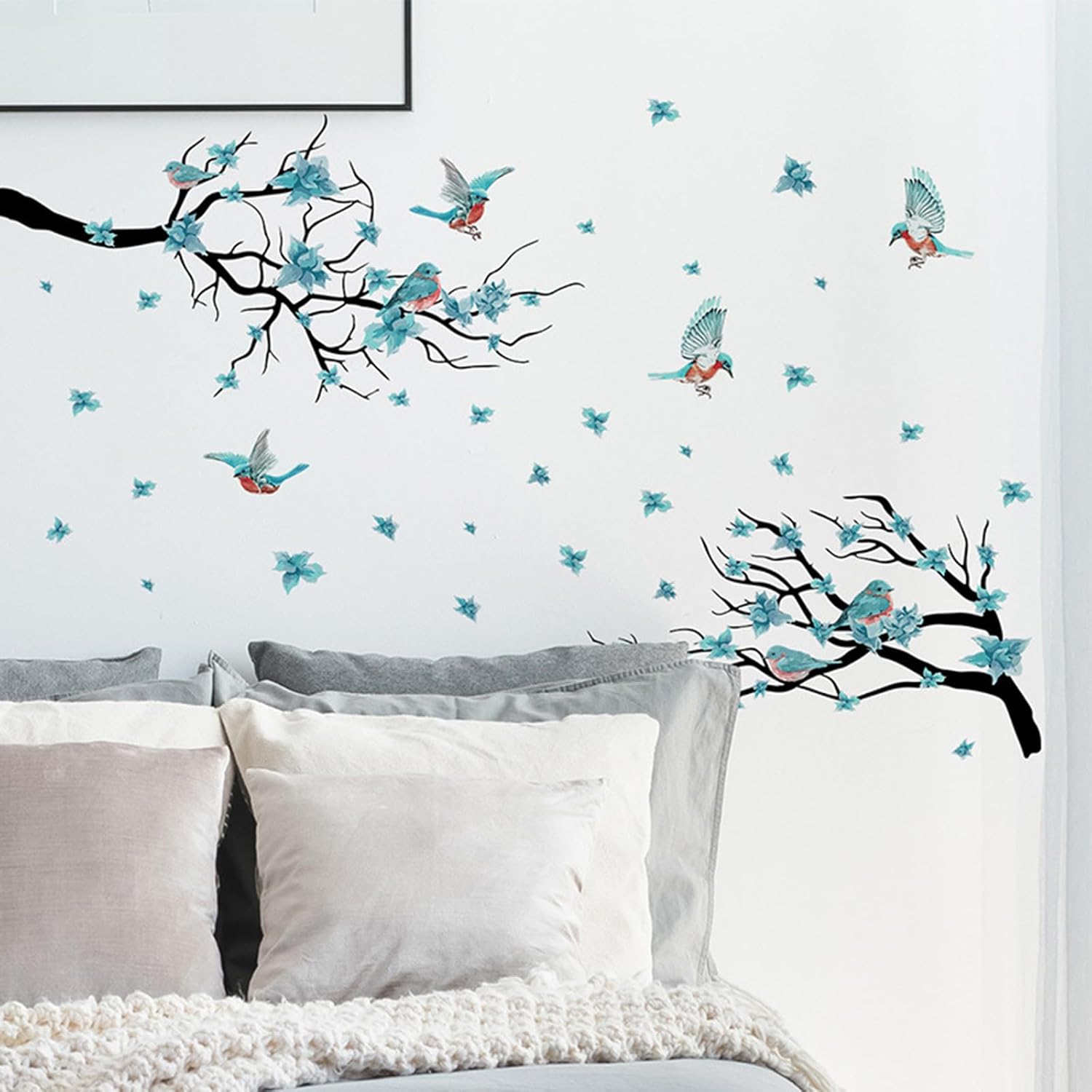 Calcomanías de pared de acuarela con flores azules (52.3 x 30.3 pulgadas), calcomanías de pared con flores y pájaros, ramas de árbol, sala de estar,