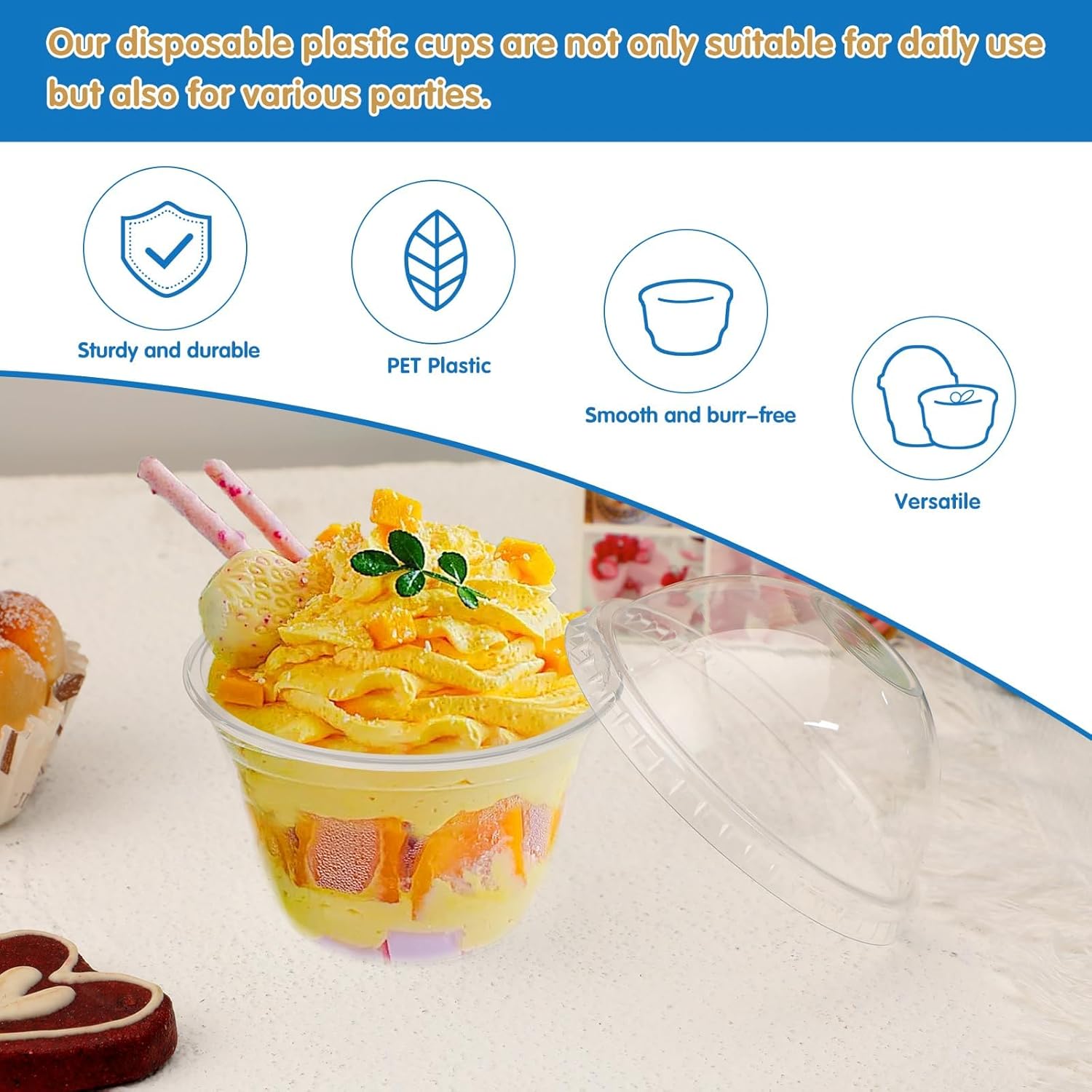 Huaiid Paquete de 50 vasos de postre de plástico transparente de 7 onzas con tapas de cúpula, vasos de plástico transparente desechables, vasos de