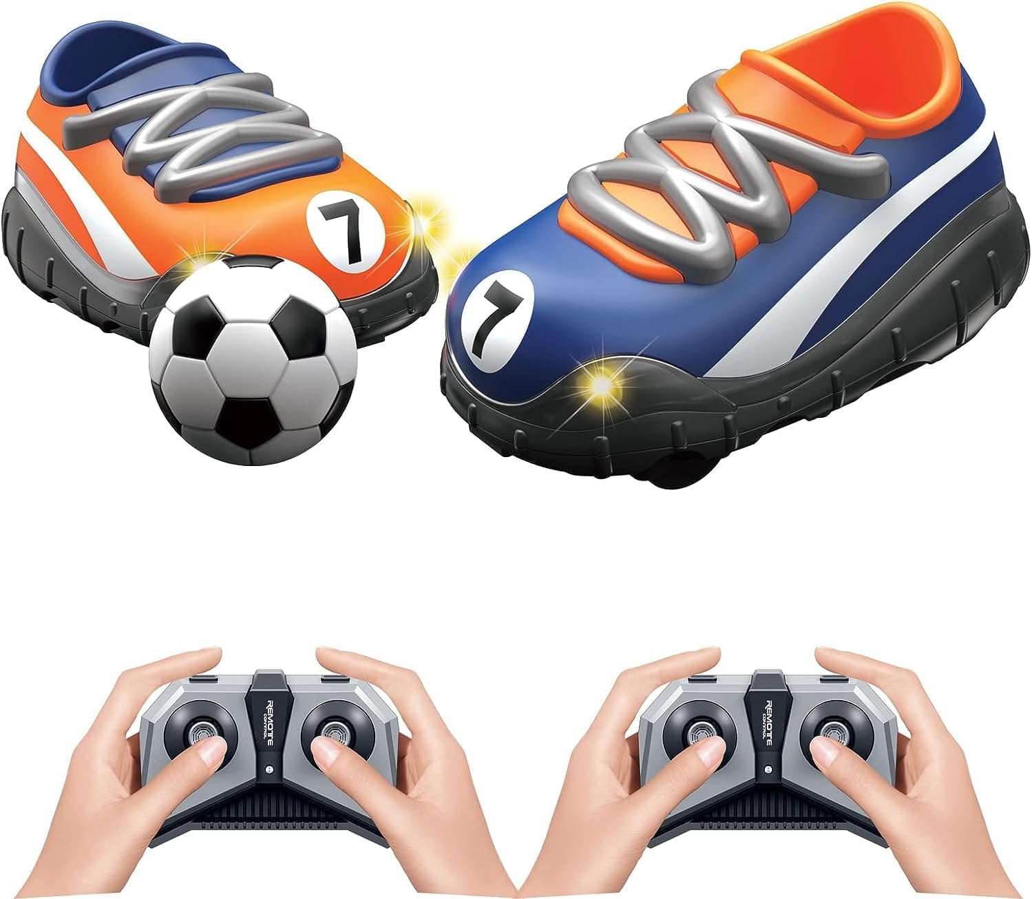 2.4G – Zapatos de fútbol con control remoto para niños con luces LED, juguetes educativos interactivos (naranja y azul, juego de dos coches)