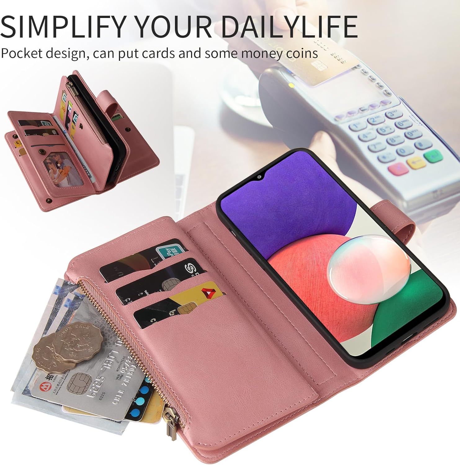 Asuwish Funda de teléfono para Samsung Galaxy A22 5GBoost Mobile Celero 5G Funda tipo cartera con protector de pantalla de vidrio templado y correa