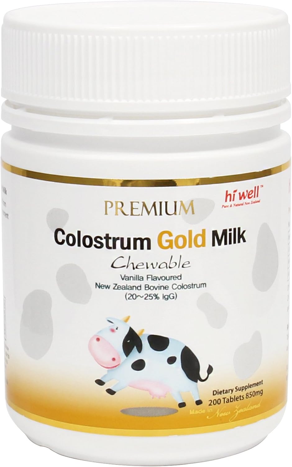 Hi Well Premium New Zealand Bovine Calostrum Gold Milk 200 comprimidos masticables Inmunoglobulina G (Igg) 2025% (Paquete de 3)