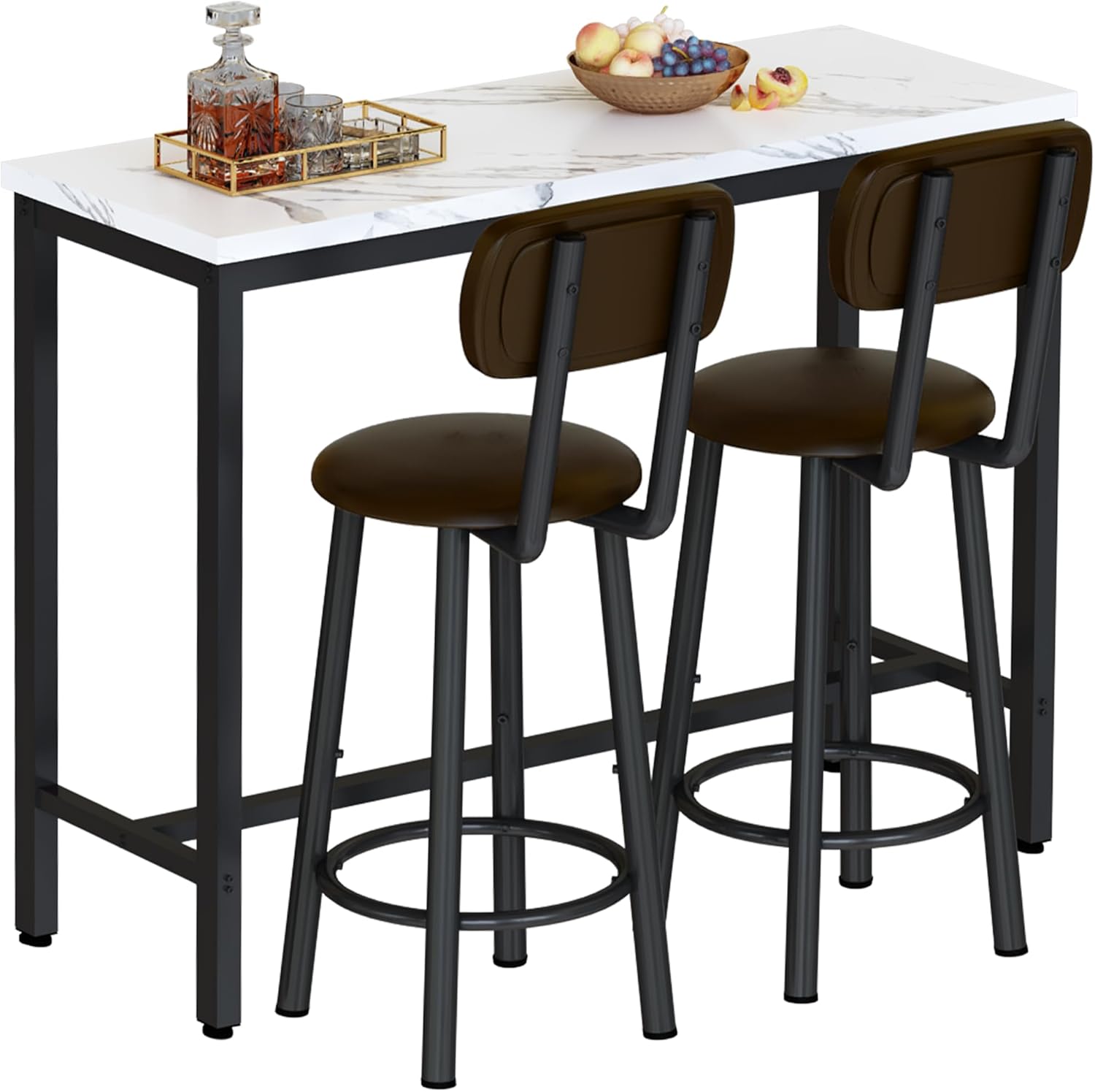 AWQM Juego de mesa de bar de 2.39.3 pulgadas de imitación de mármol y 2 taburetes tapizados de poliuretano con respaldo, juego de mesa industrial de